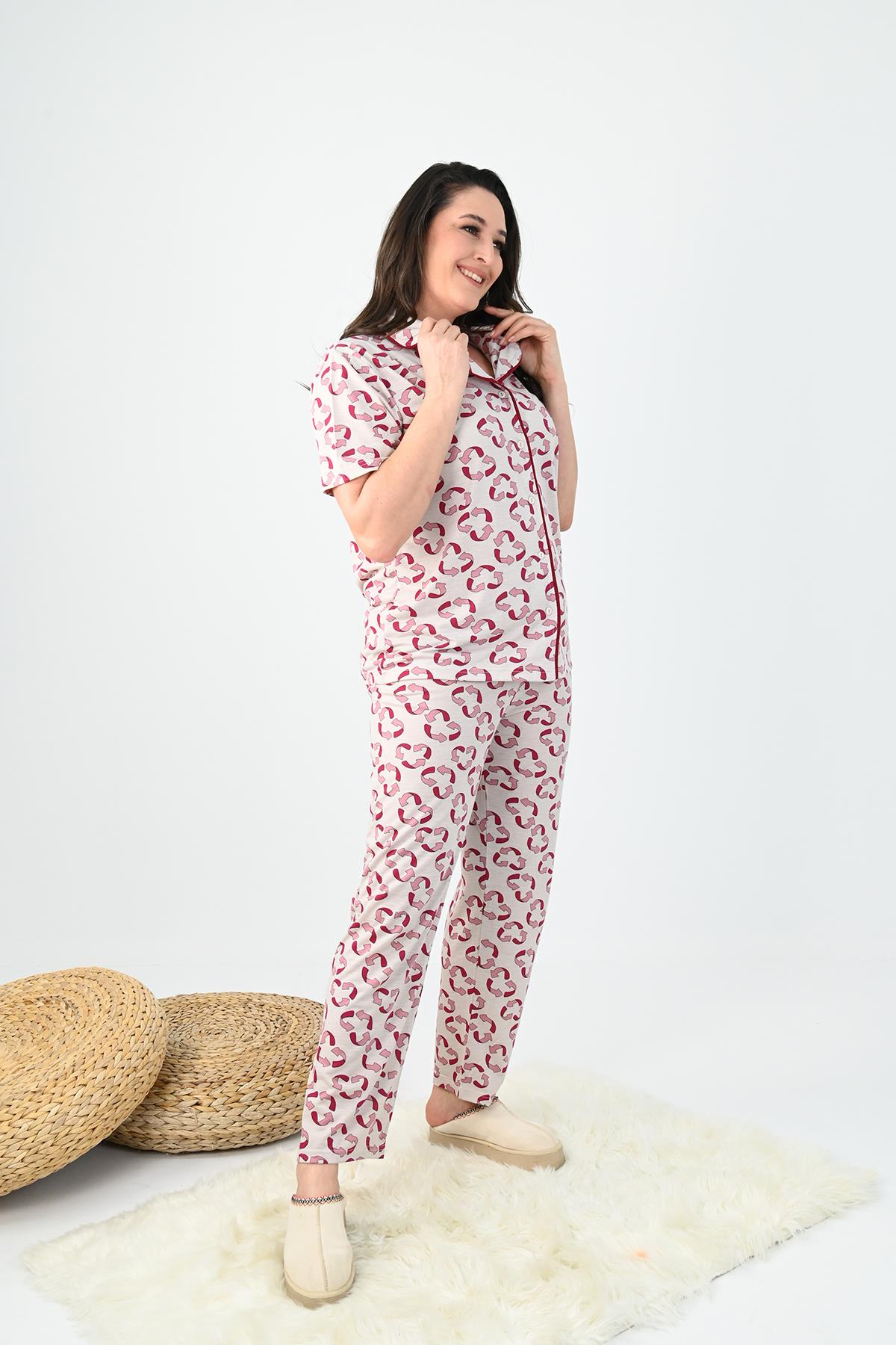 Kadın Kısa Kollu Önden Düğmeli Büyük Beden (Battal) Pijama Takımı 0005-25 32364-32264