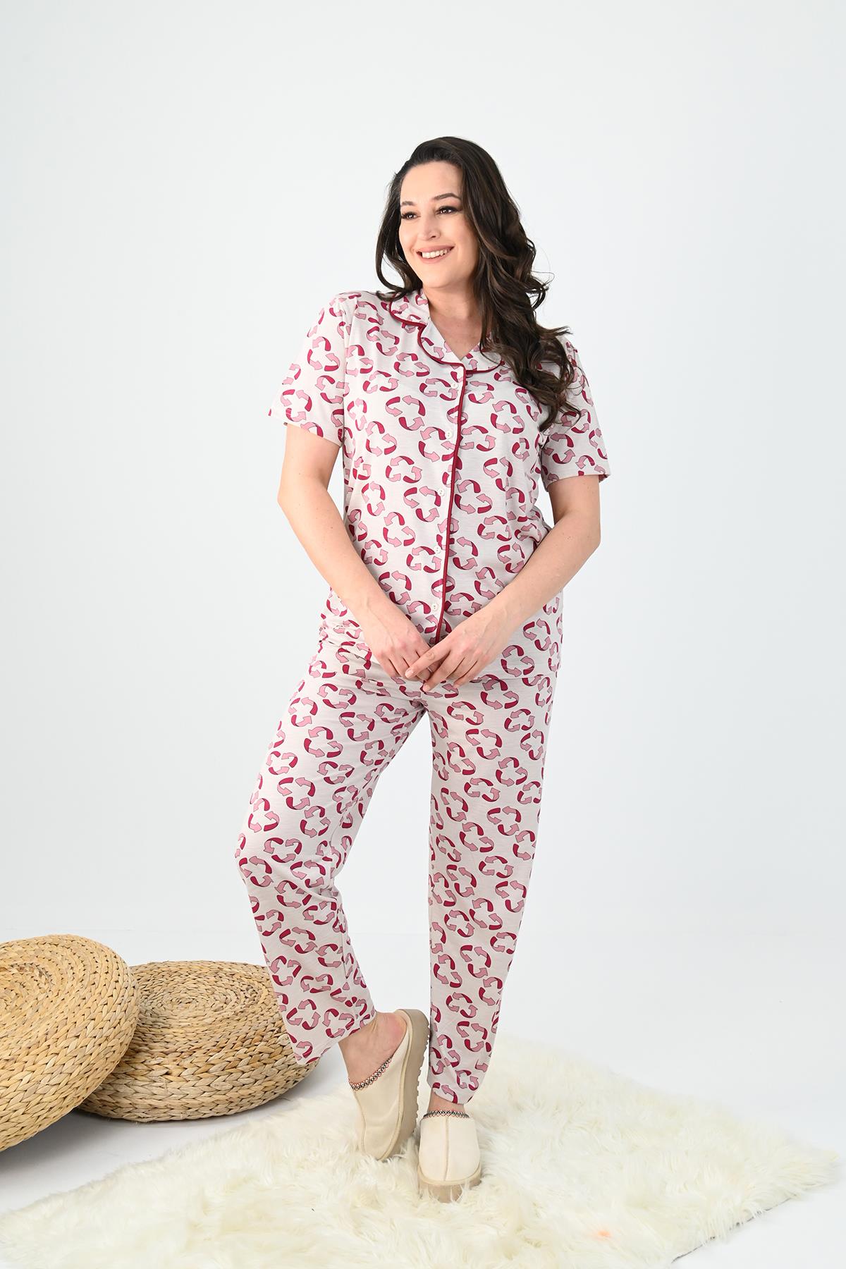 Kadın Kısa Kollu Önden Düğmeli Büyük Beden (Battal) Pijama Takımı 0005-25 32364-32264