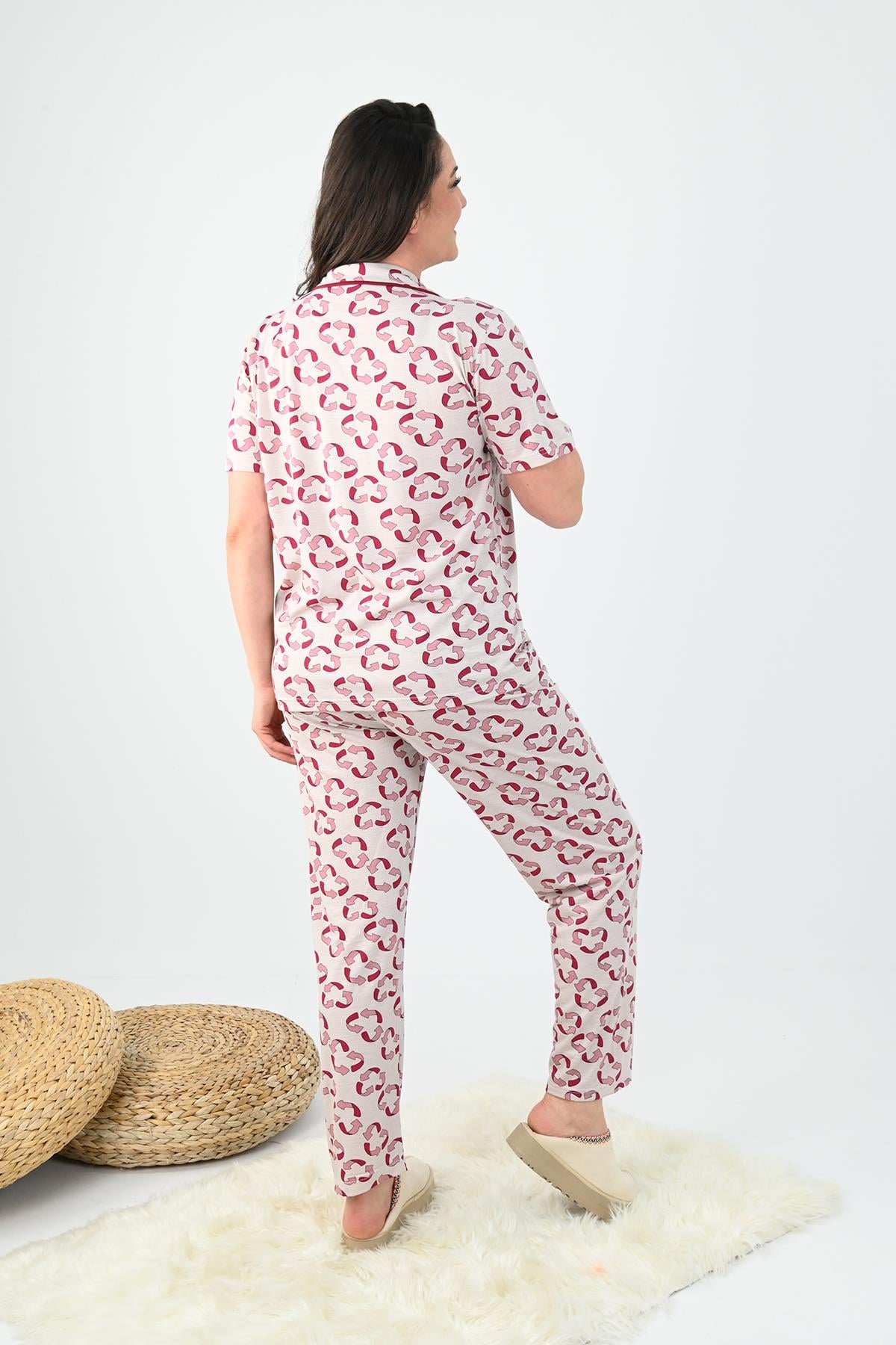 Kadın Kısa Kollu Önden Düğmeli Büyük Beden (Battal) Pijama Takımı 0005-25 32364-32264