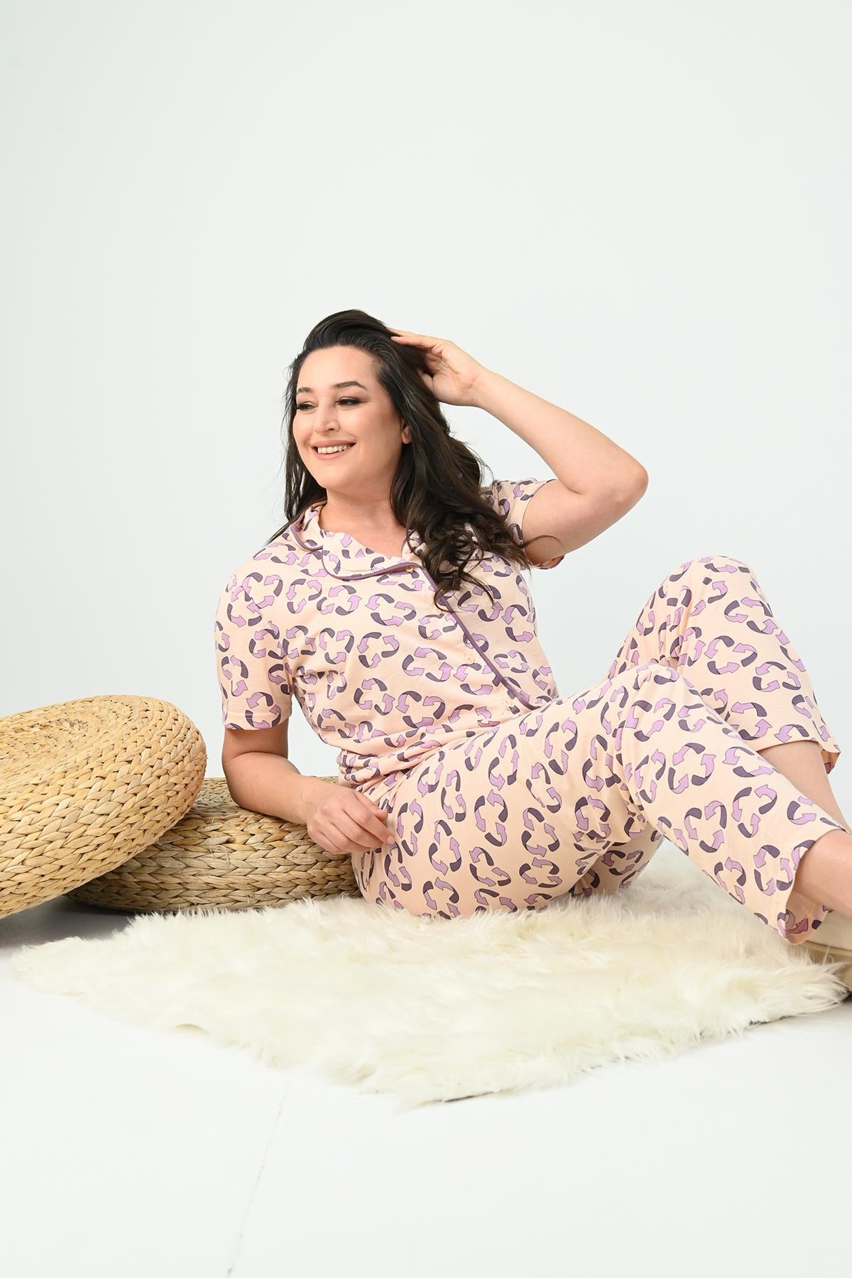 Kadın Kısa Kollu Önden Düğmeli Büyük Beden (Battal) Pijama Takımı 0005-25 32364-32264
