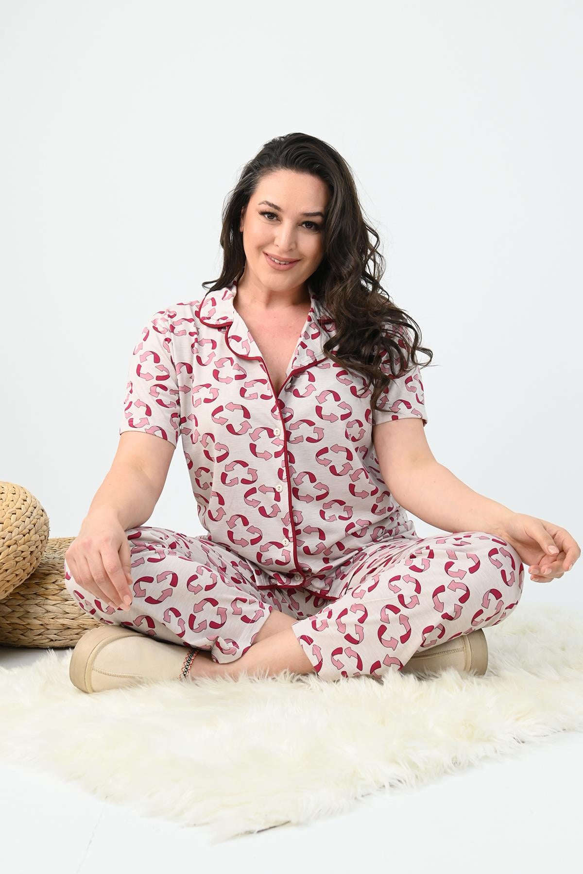 Kadın Kısa Kollu Önden Düğmeli Büyük Beden (Battal) Pijama Takımı 0005-25 32364-32264