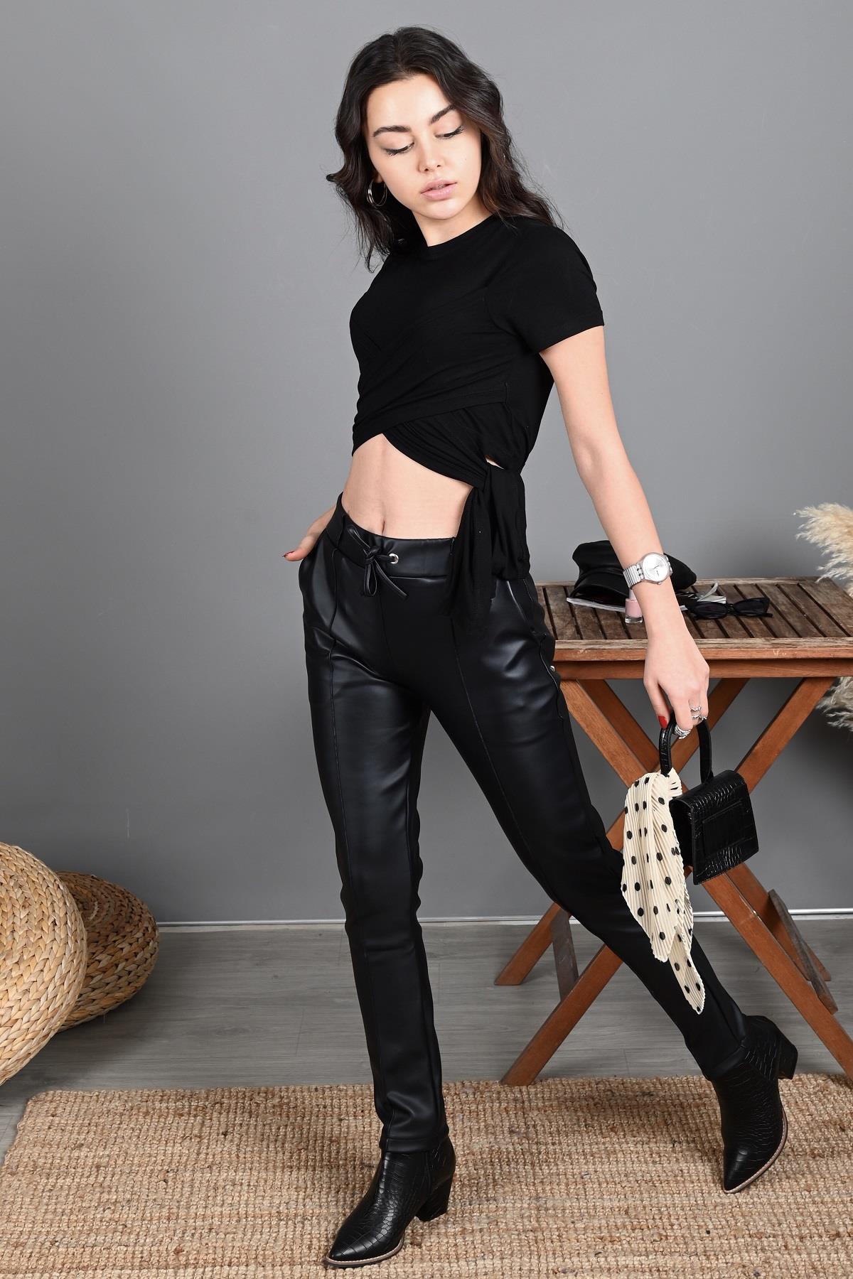 Kadın Kuşaklı Skinny Deri Pantolon 1010-22