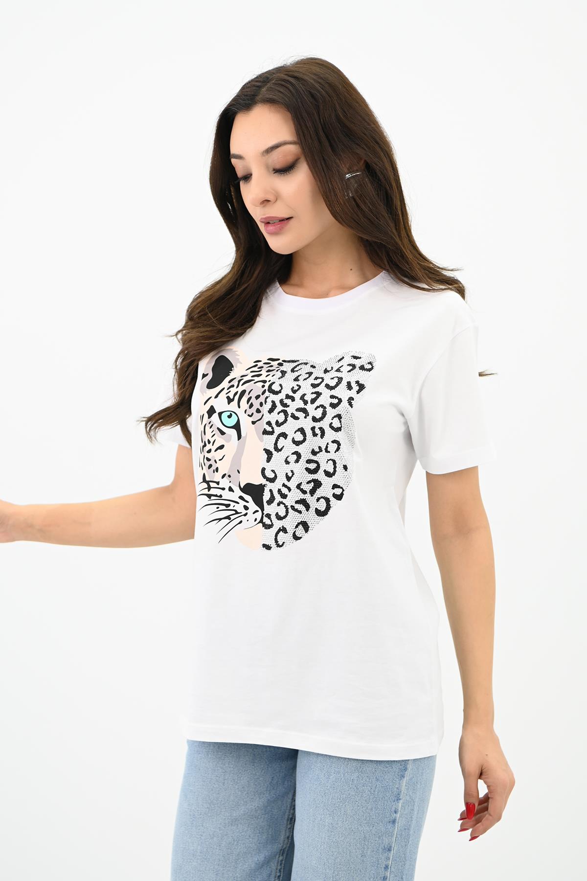 Kadın Leopar Baskılı T-shirt 1731-24