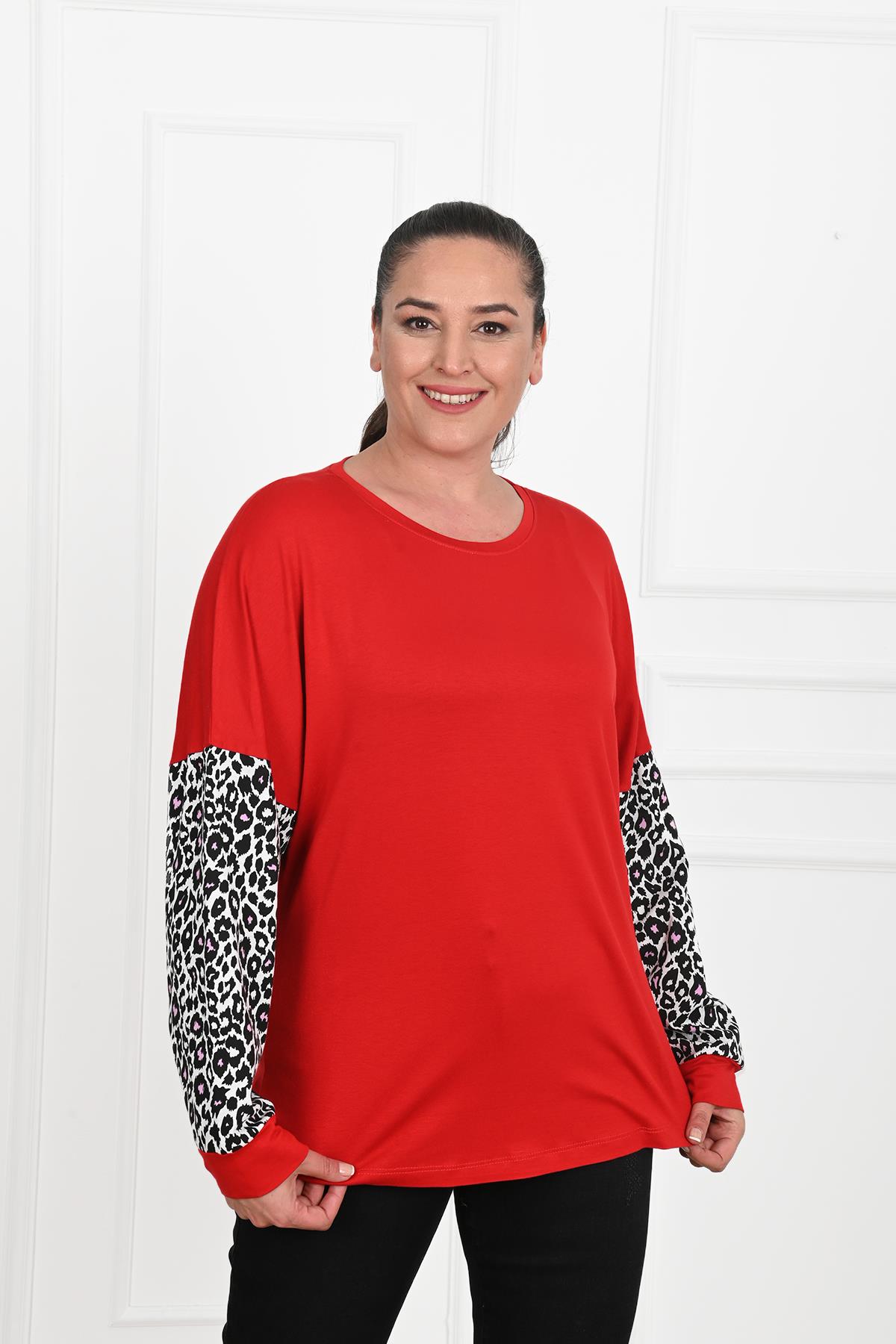 Kadın Leopar Kol  Detaylı Büyük Beden Bluz 1377-23