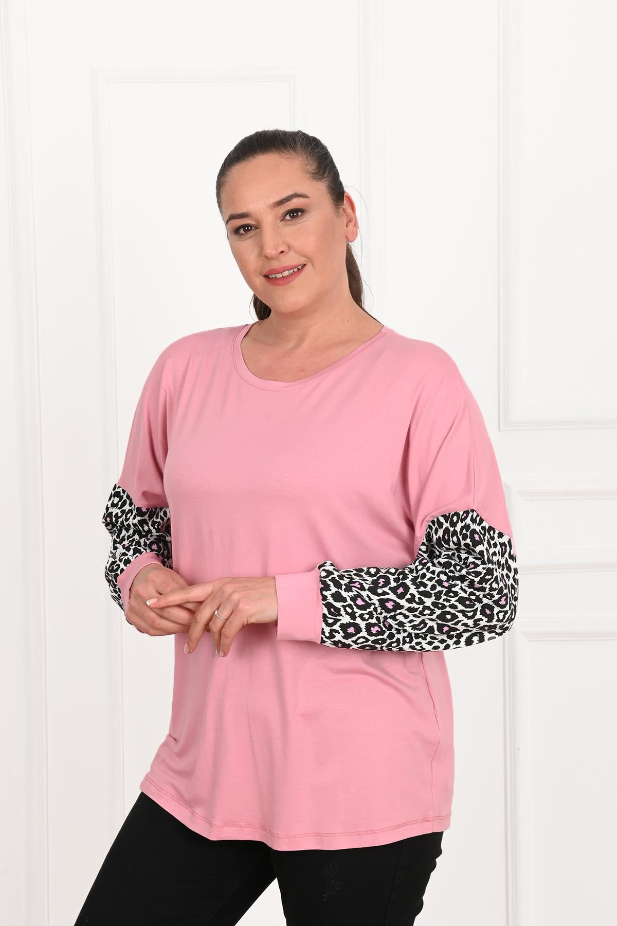 Kadın Leopar Kol  Detaylı Büyük Beden Bluz 1377-23