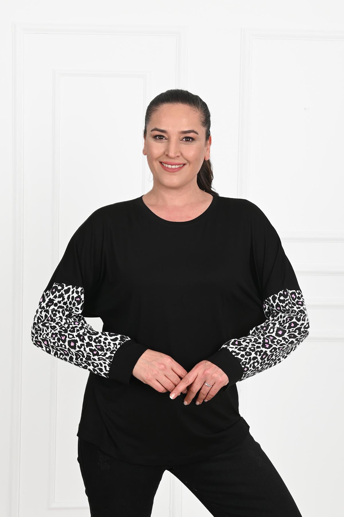 Kadın Leopar Kol  Detaylı Büyük Beden Bluz 1377-23
