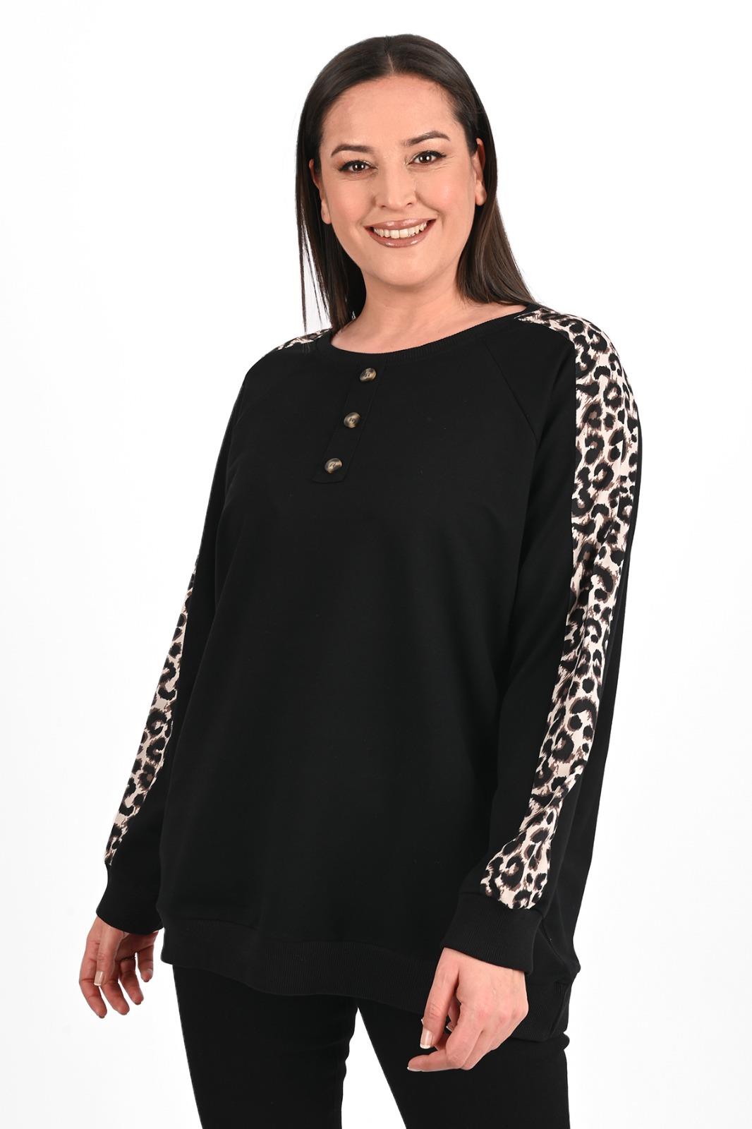 Kadın Leopar Şeritli Büyük Beden Sweatshirt 1439-23