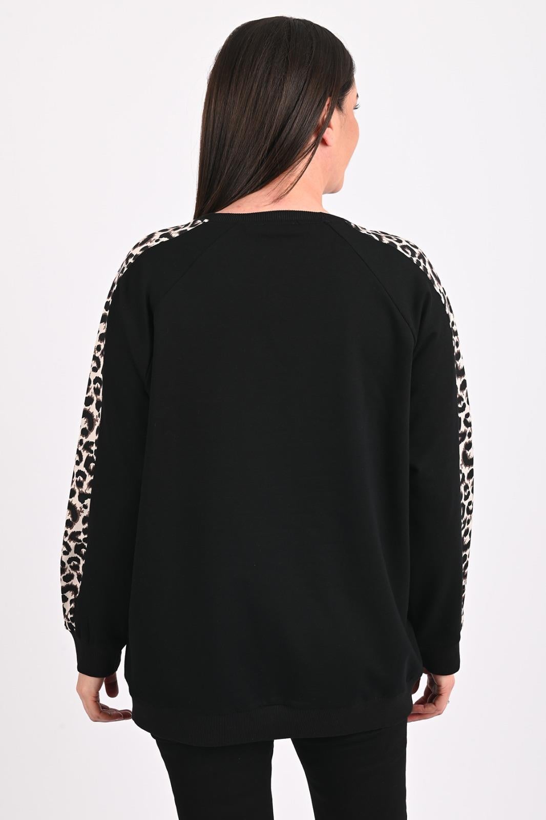 Kadın Leopar Şeritli Büyük Beden Sweatshirt 1439-23