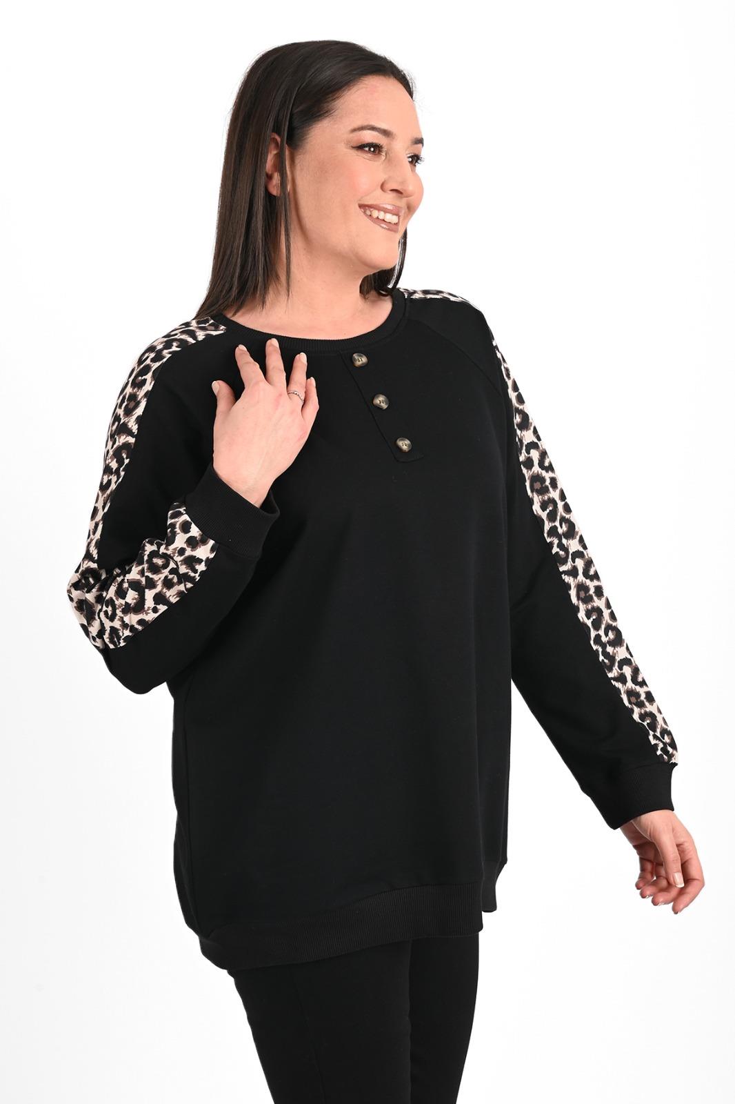 Kadın Leopar Şeritli Büyük Beden Sweatshirt 1439-23