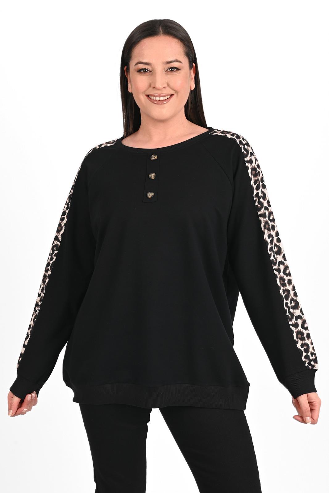 Kadın Leopar Şeritli Büyük Beden Sweatshirt 1439-23