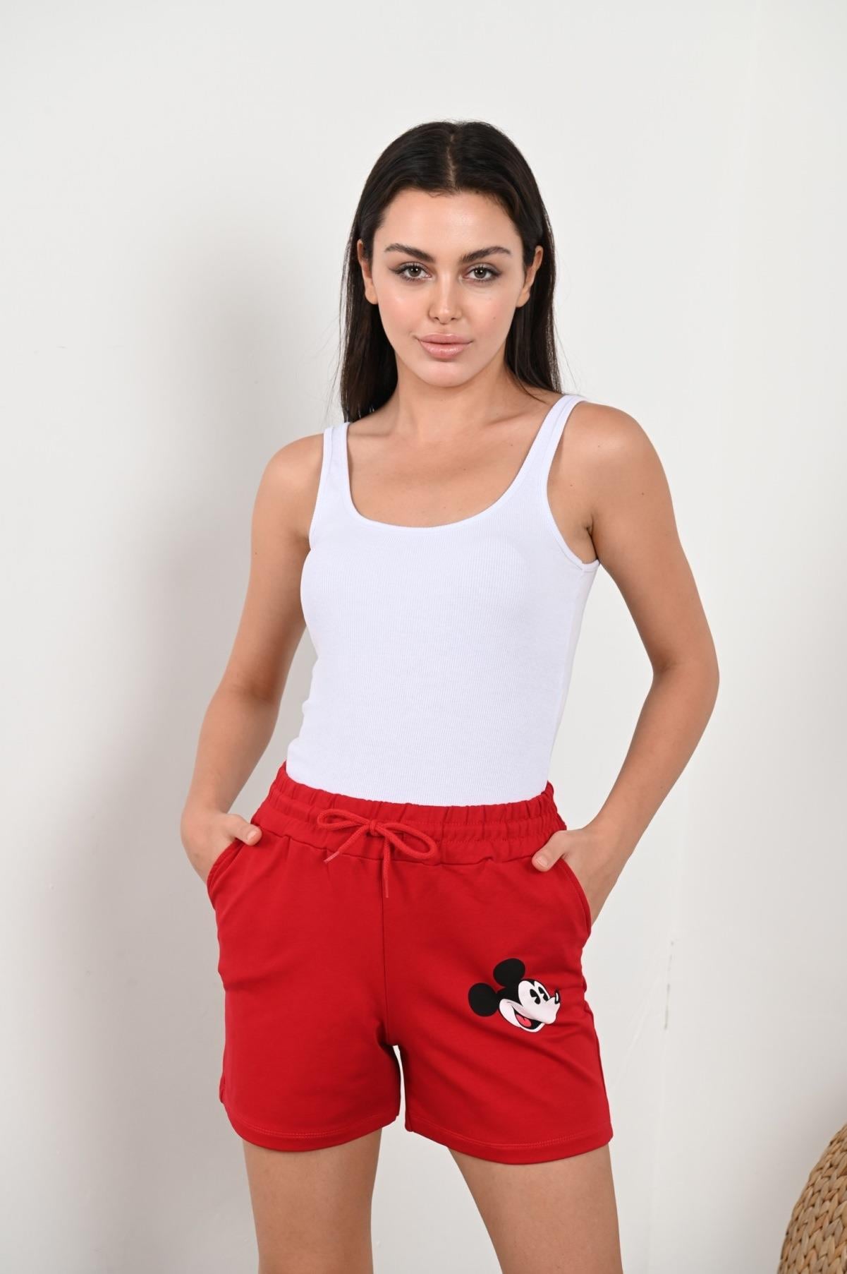 Kadın Mickey Mouse Baskılı Beli Lastikli Şort 9047