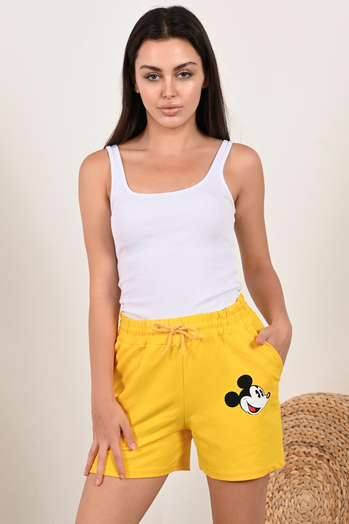 Kadın Mickey Mouse Baskılı Beli Lastikli Şort 9047