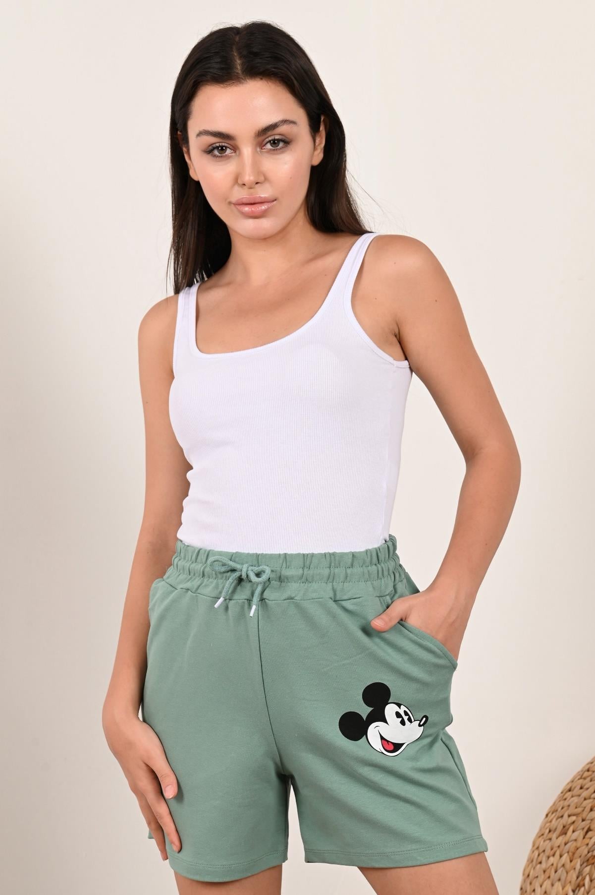 Kadın Mickey Mouse Baskılı Beli Lastikli Şort 9047