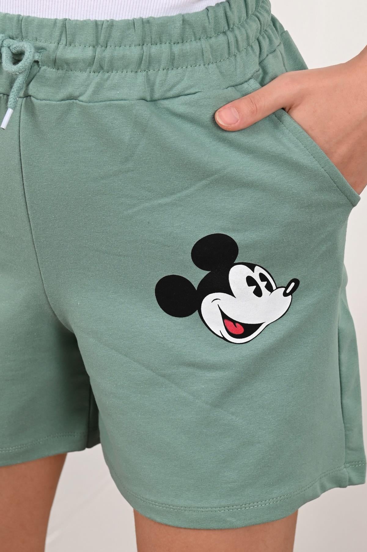 Kadın Mickey Mouse Baskılı Beli Lastikli Şort 9047