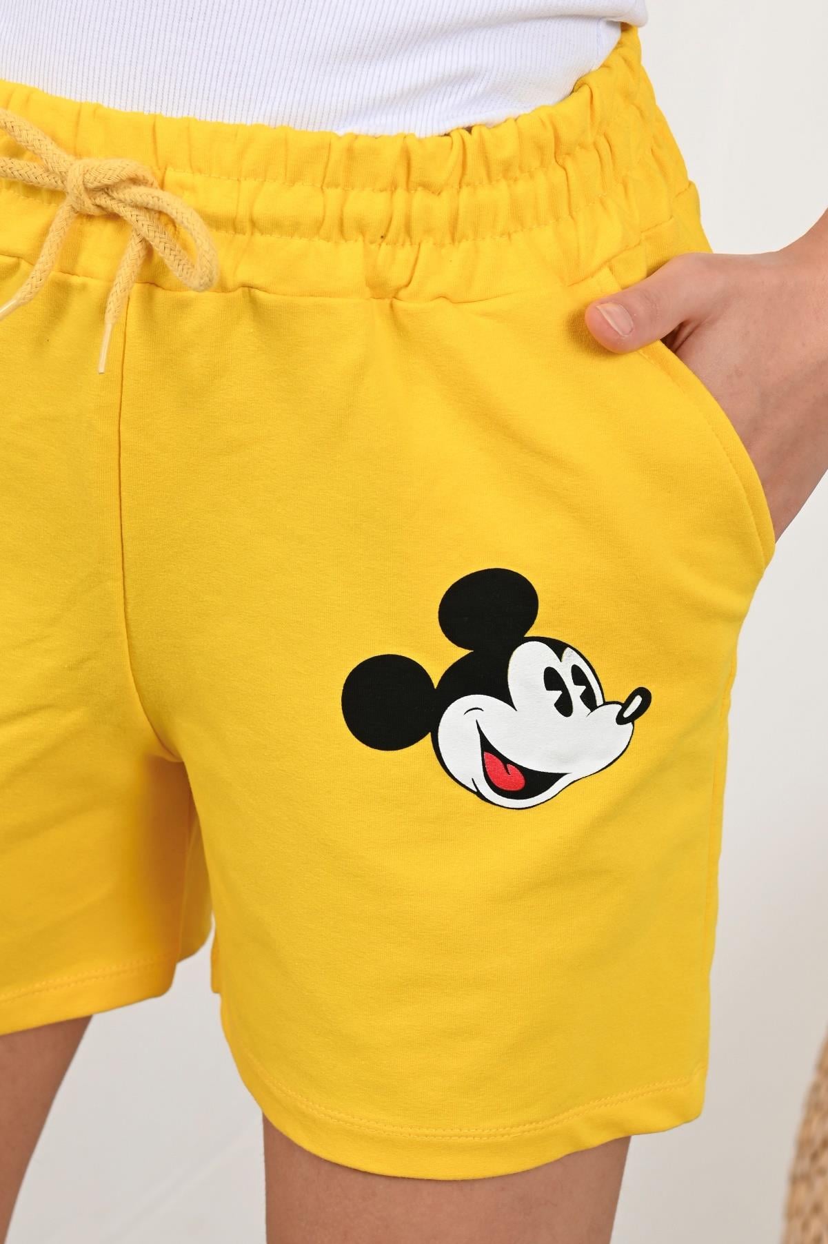 Kadın Mickey Mouse Baskılı Beli Lastikli Şort 9047