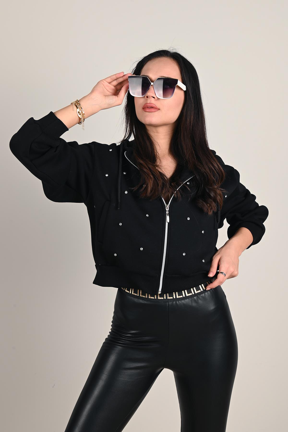 Kadın Taş Detaylı Kapüşonlu Fermuarlı Sweatshirt 1639-24