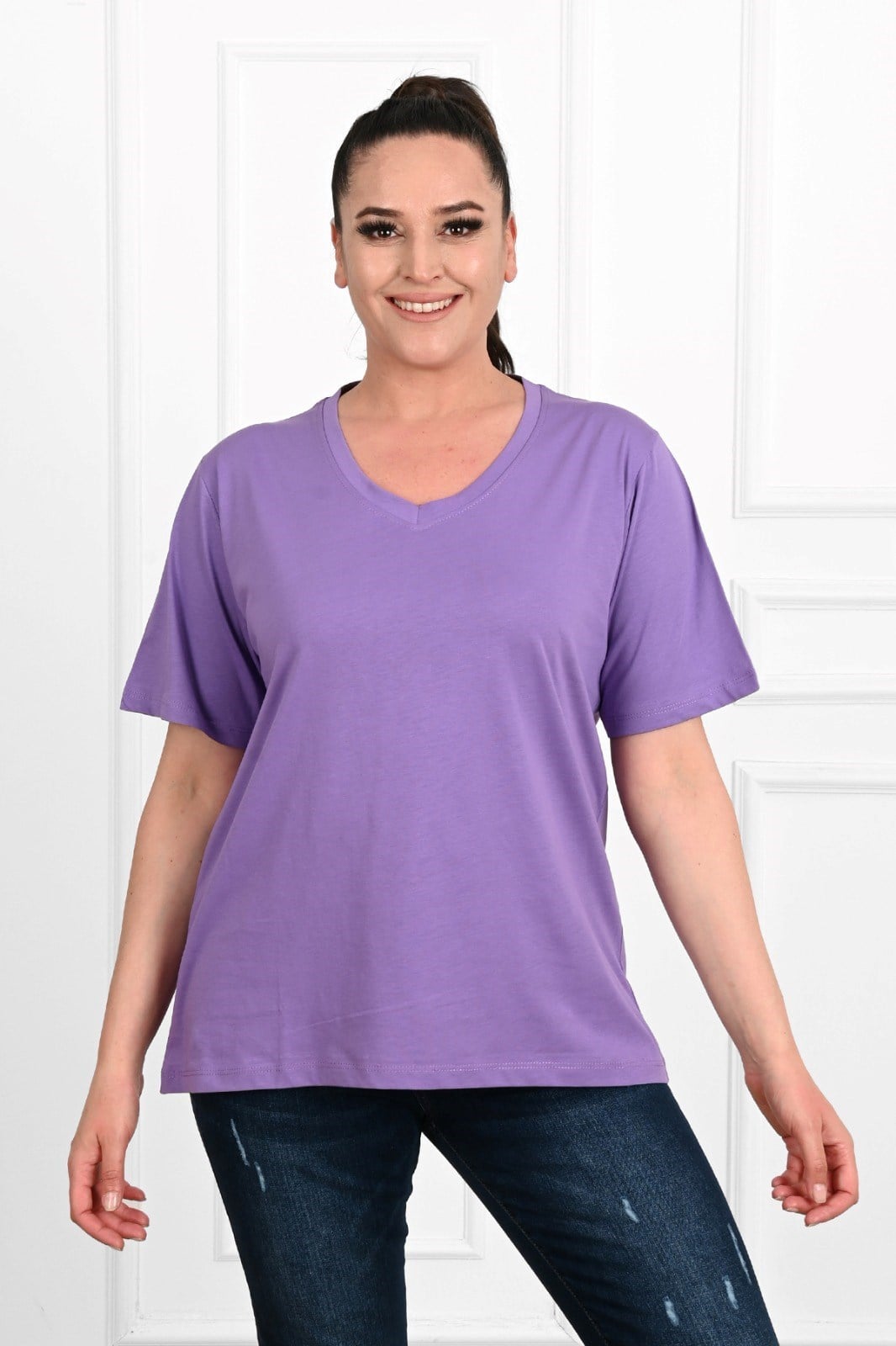 Kadın V Yaka Basic Büyük Beden T-Shirt 1297-22