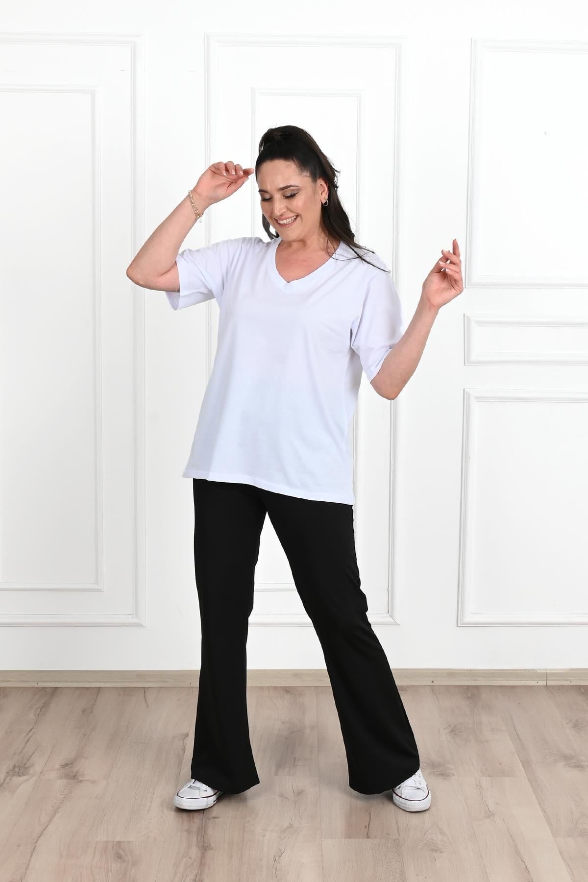 Kadın V Yaka Basic Büyük Beden T-Shirt 1297-22