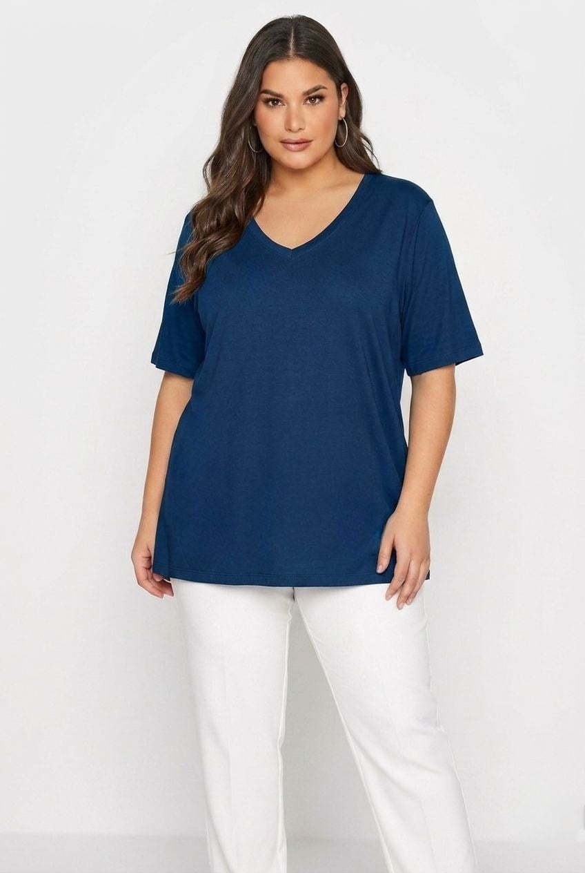 Kadın V Yaka Basic Büyük Beden T-Shirt 1297-22