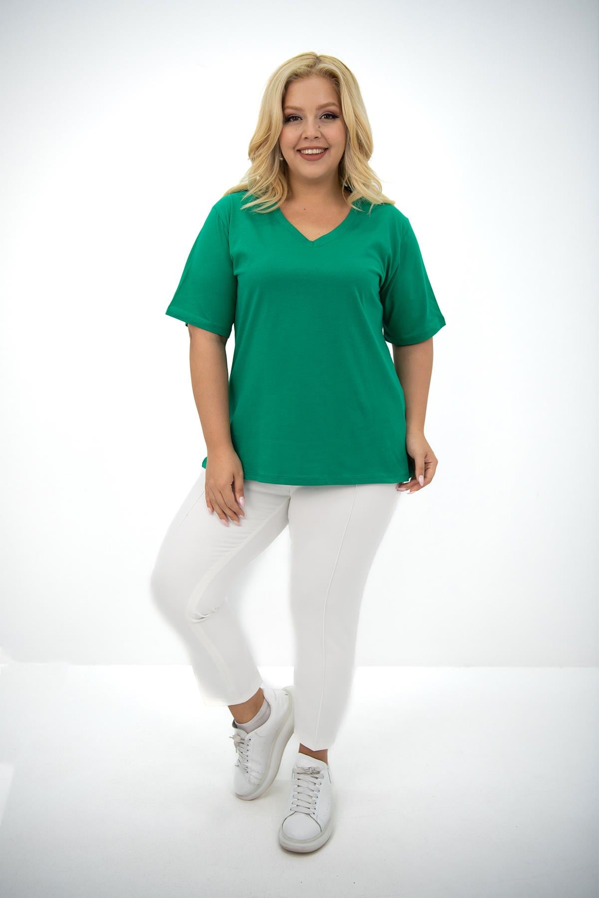 Kadın V Yaka Basic Büyük Beden T-Shirt 1297-22
