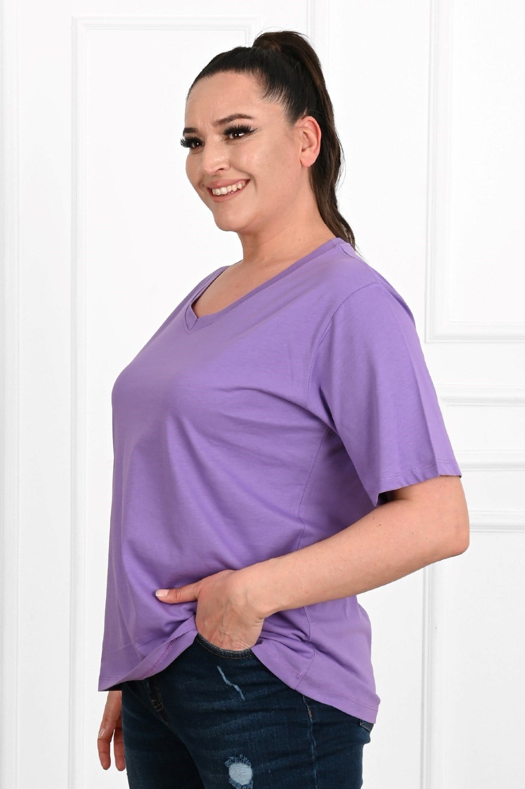 Kadın V Yaka Basic Büyük Beden T-Shirt 1297-22