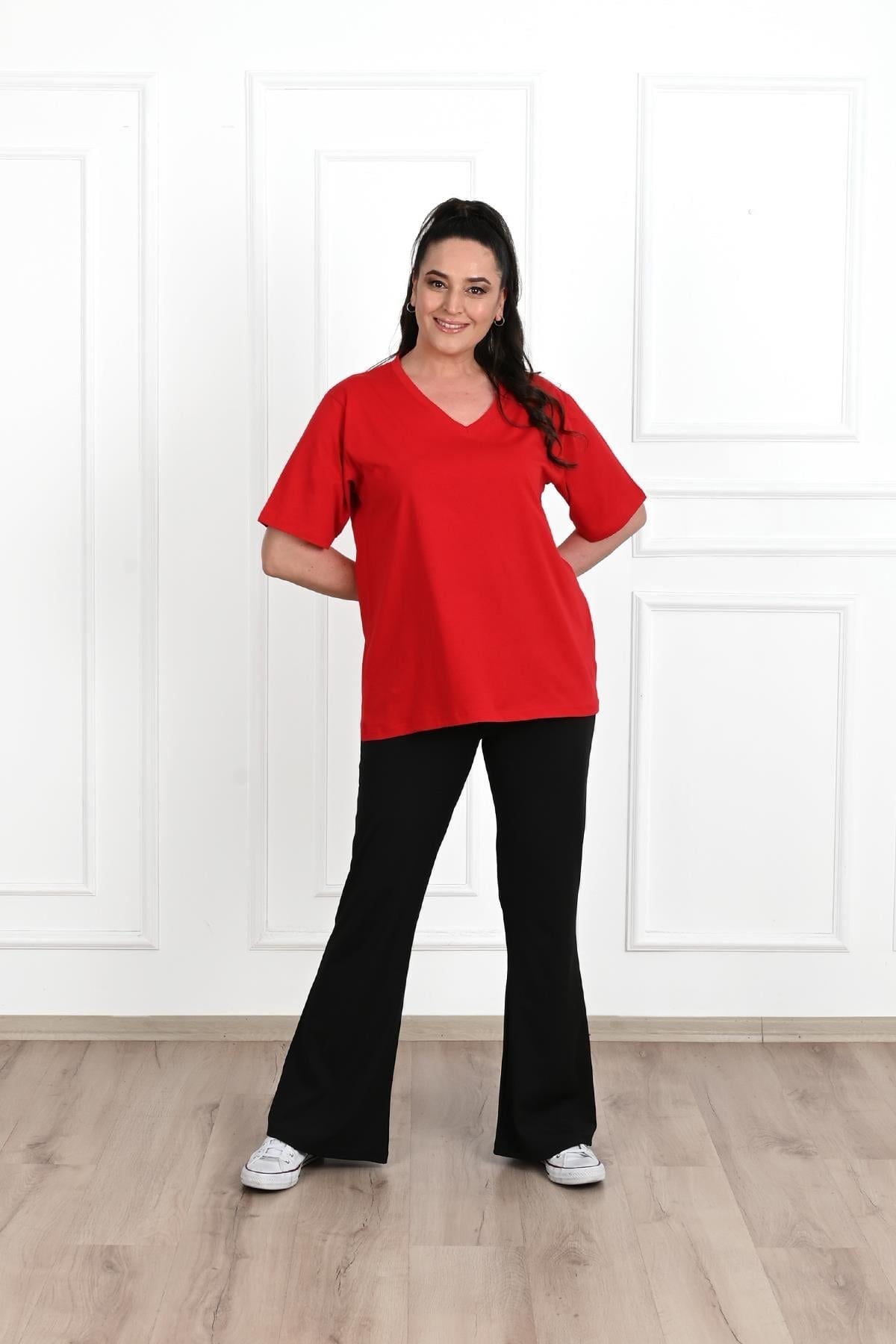 Kadın V Yaka Basic Büyük Beden T-Shirt 1297-22