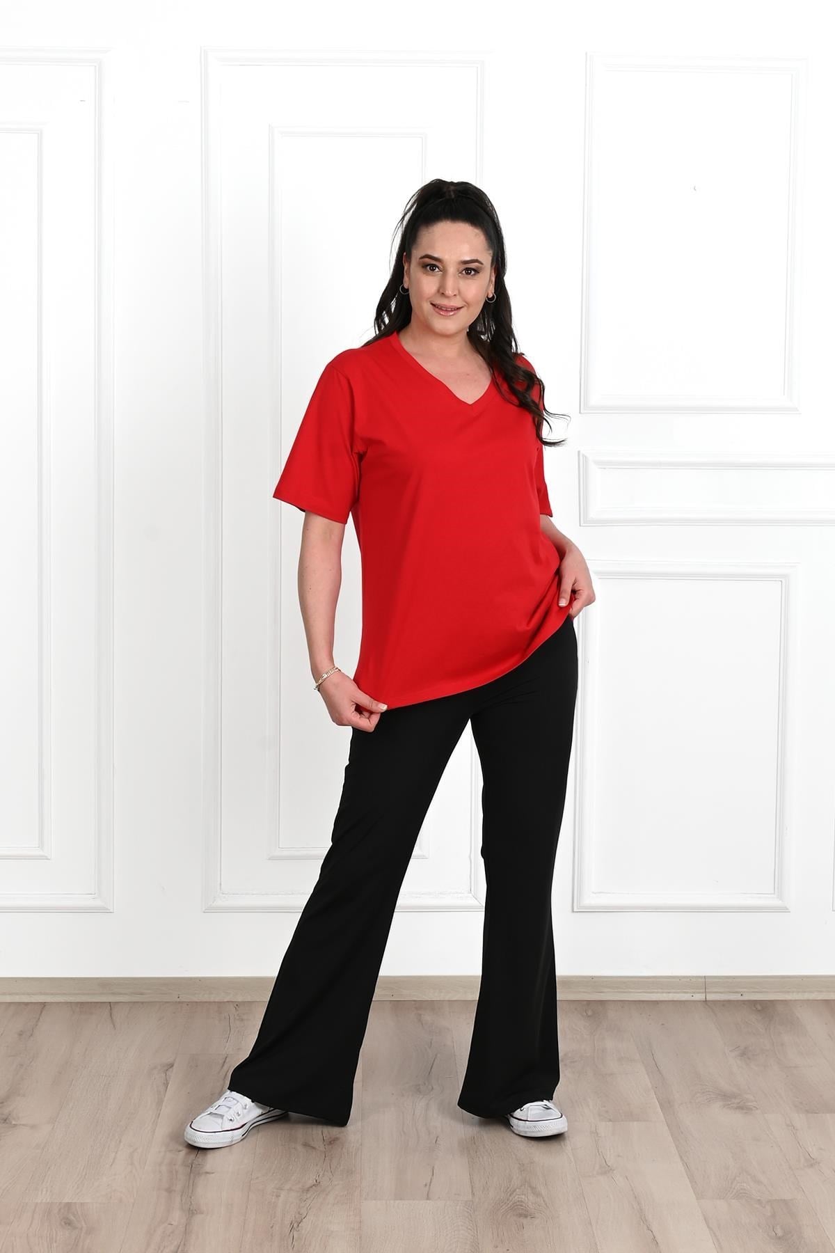 Kadın V Yaka Basic Büyük Beden T-Shirt 1297-22