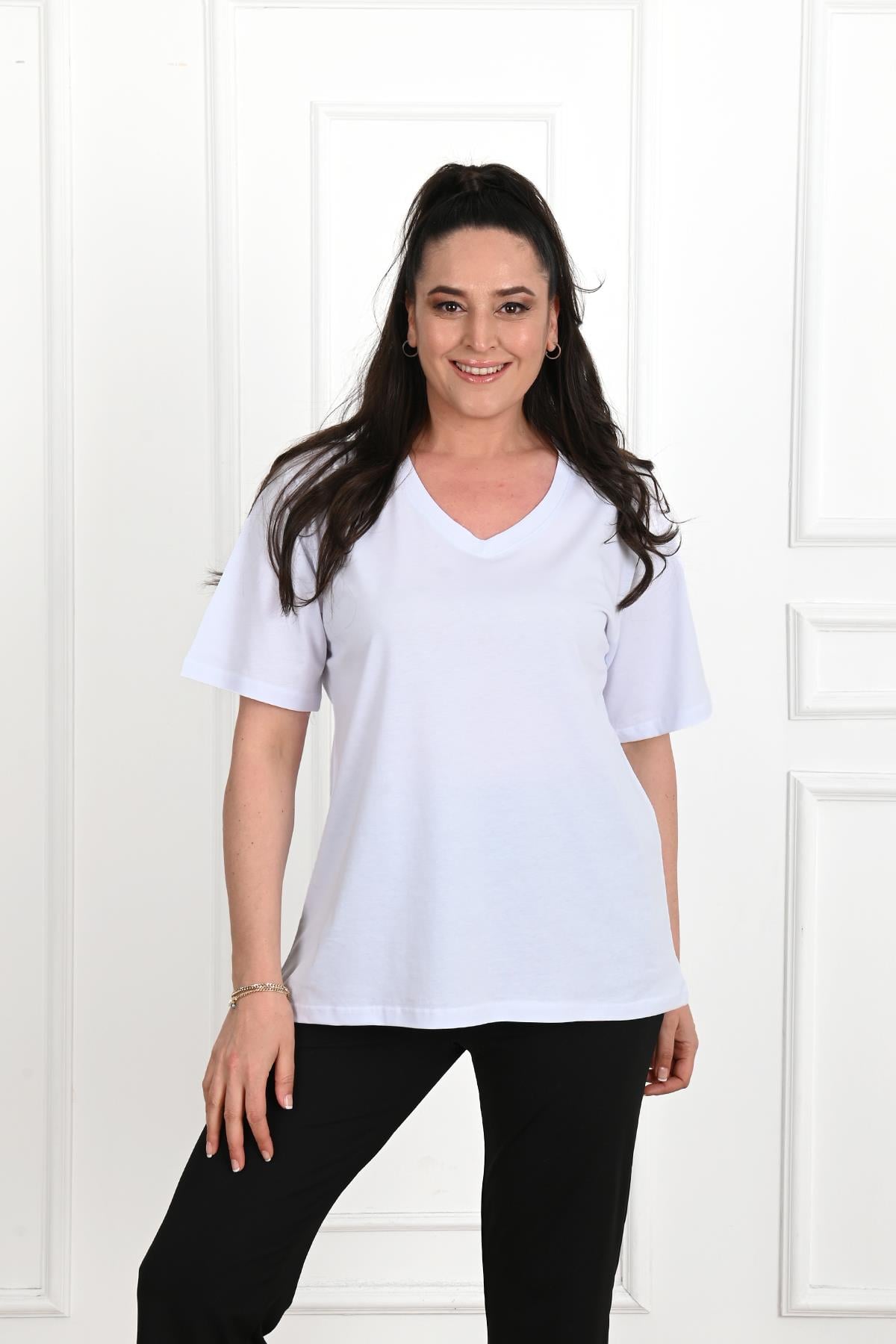 Kadın V Yaka Basic Büyük Beden T-Shirt 1297-22