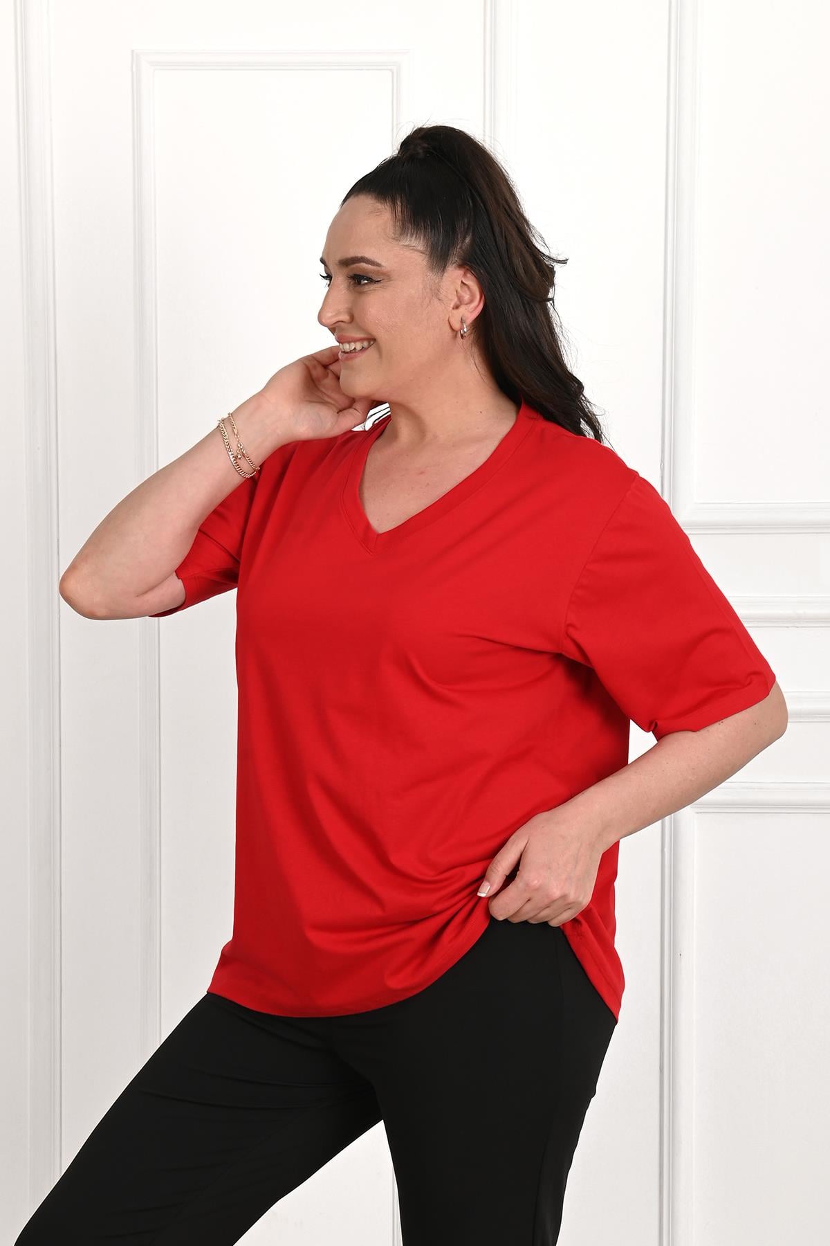 Kadın V Yaka Basic Büyük Beden T-Shirt 1297-22