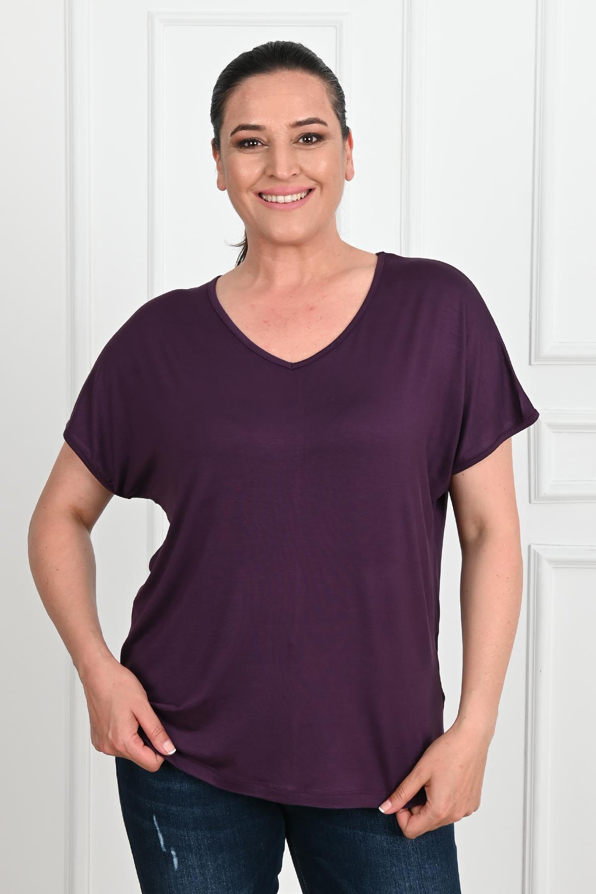 Kadın V Yaka Büyük Beden T-shirt 1486-23