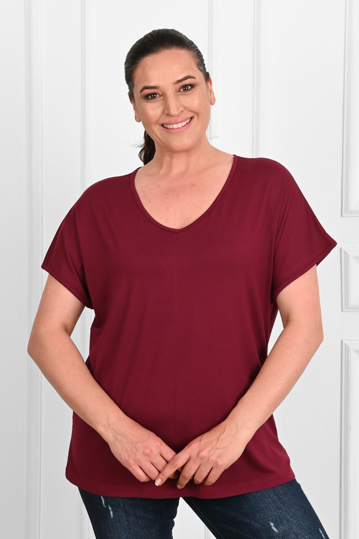 Kadın V Yaka Büyük Beden T-shirt 1486-23