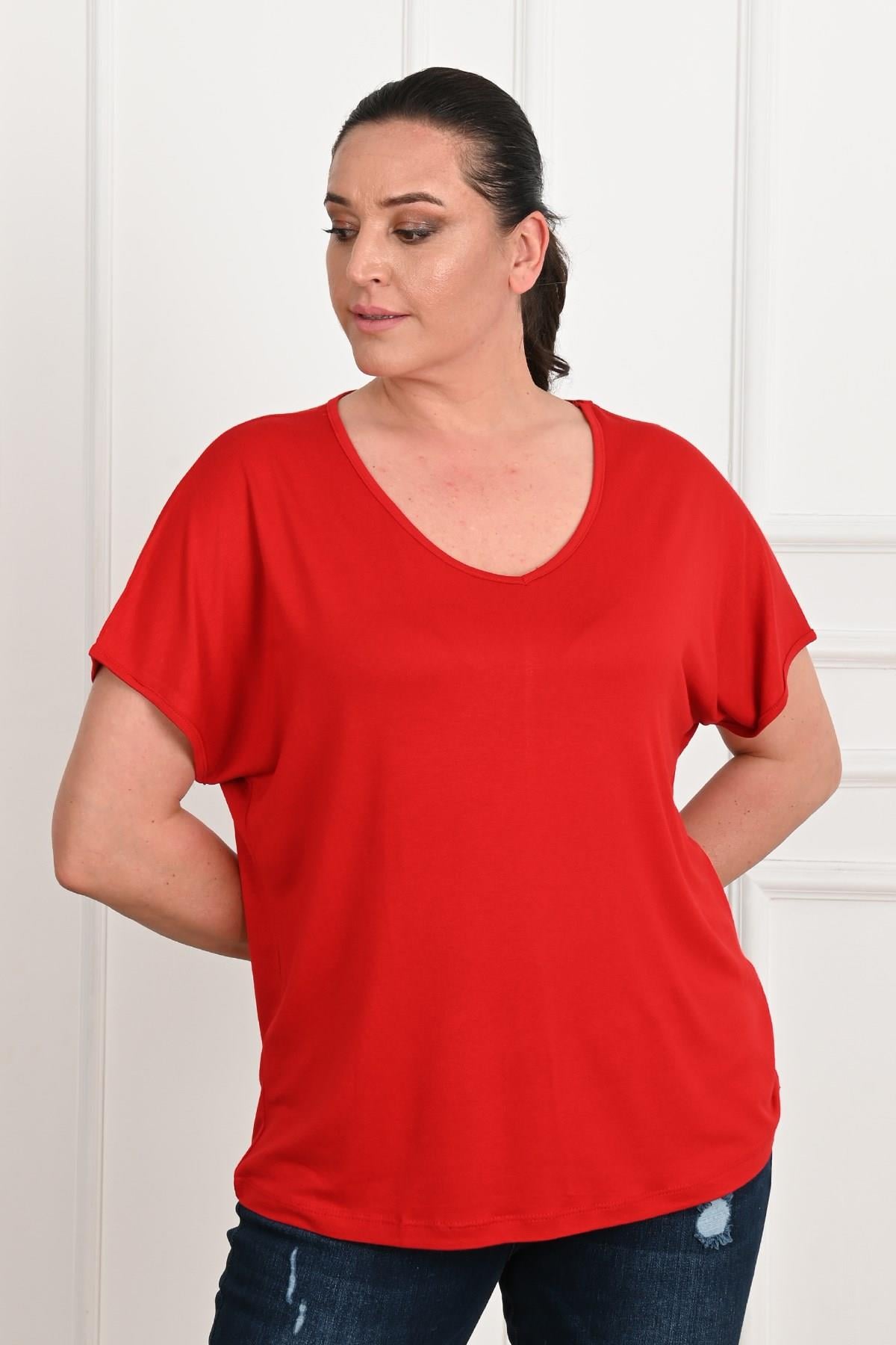 Kadın V Yaka Büyük Beden T-shirt 1486-23