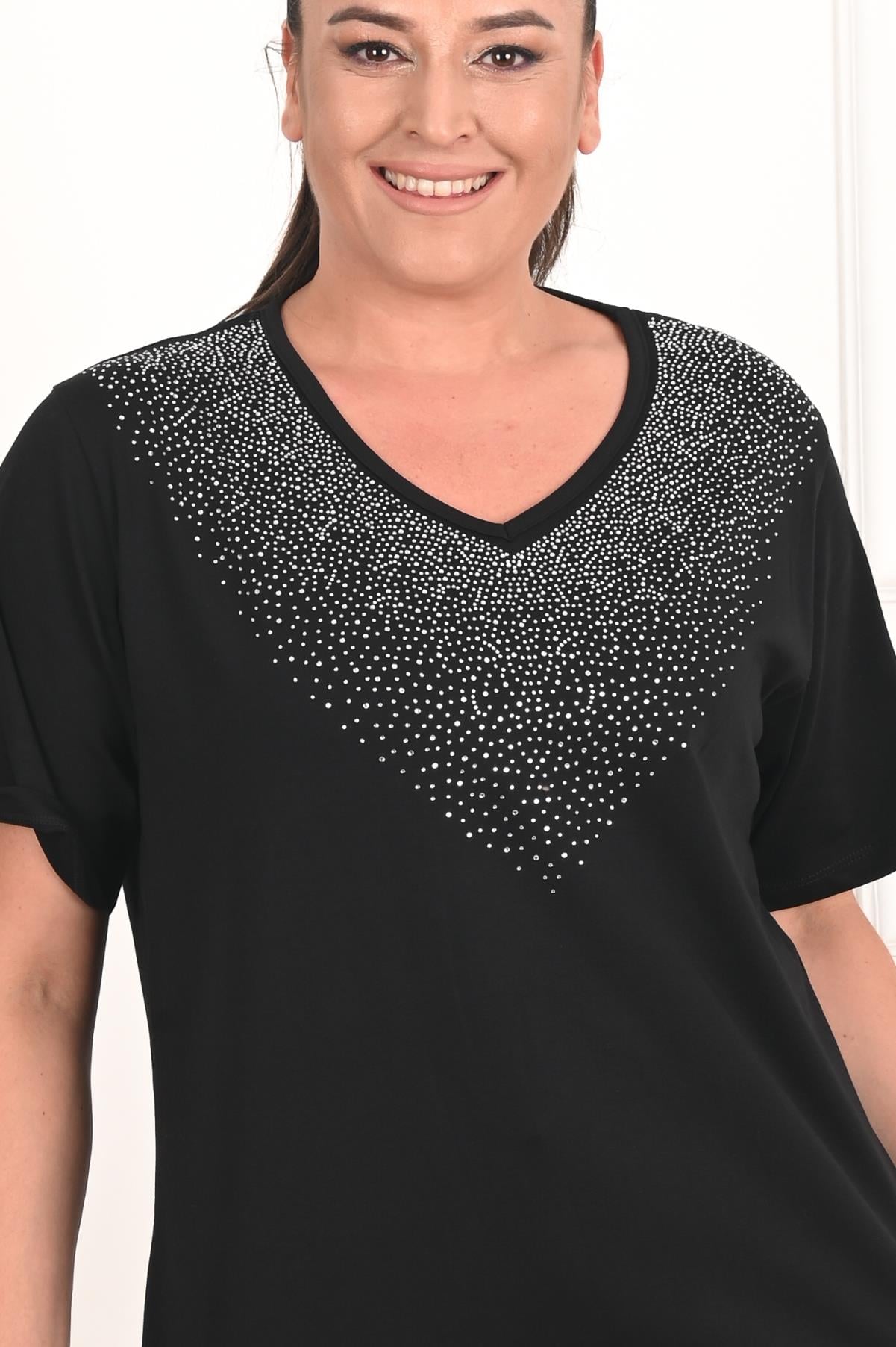Kadın V Yaka Taş Baskılı Büyük Beden T-Shirt (1310)