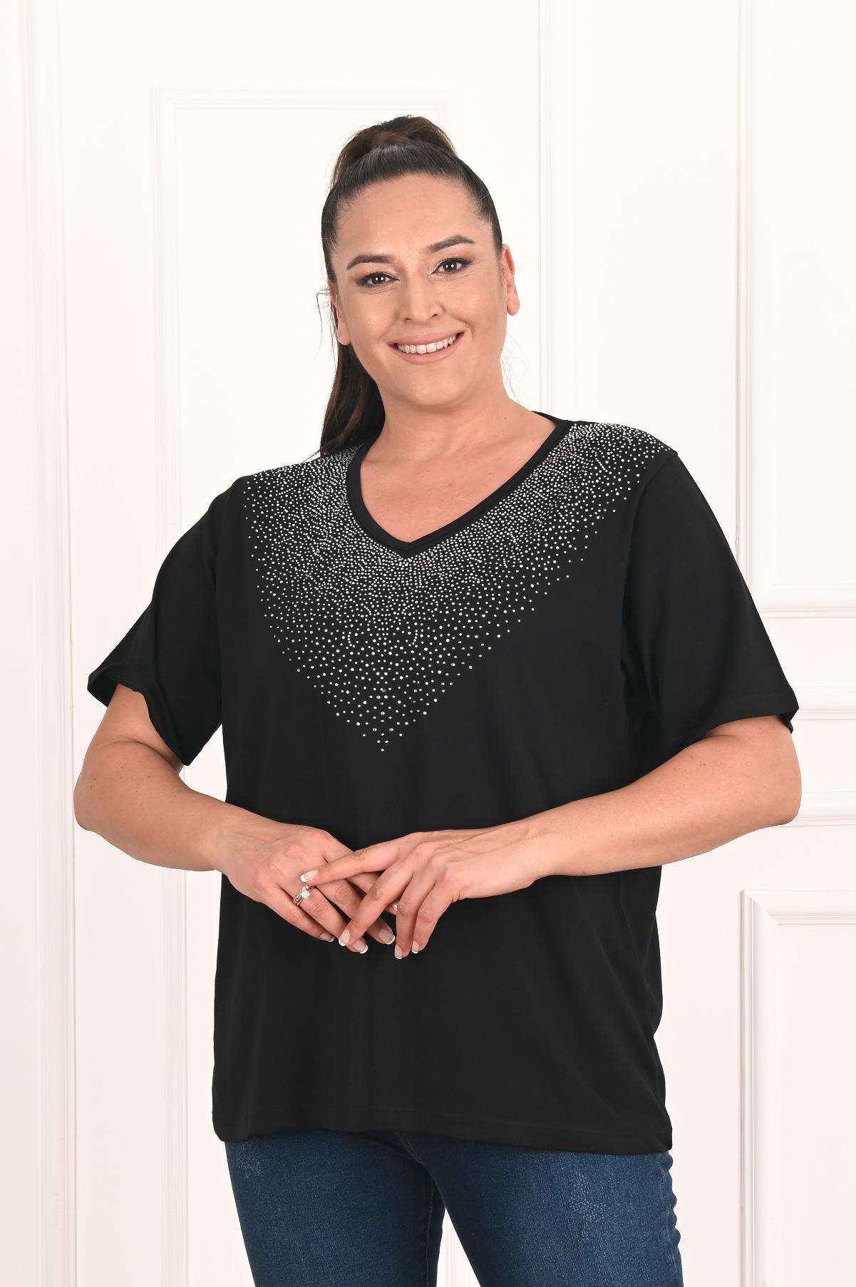 Kadın V Yaka Taş Baskılı Büyük Beden T-Shirt (1310)