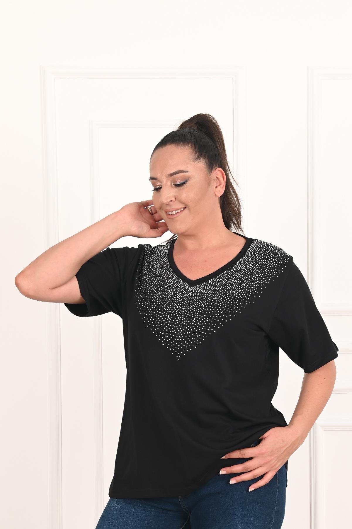 Kadın V Yaka Taş Baskılı Büyük Beden T-Shirt (1310)