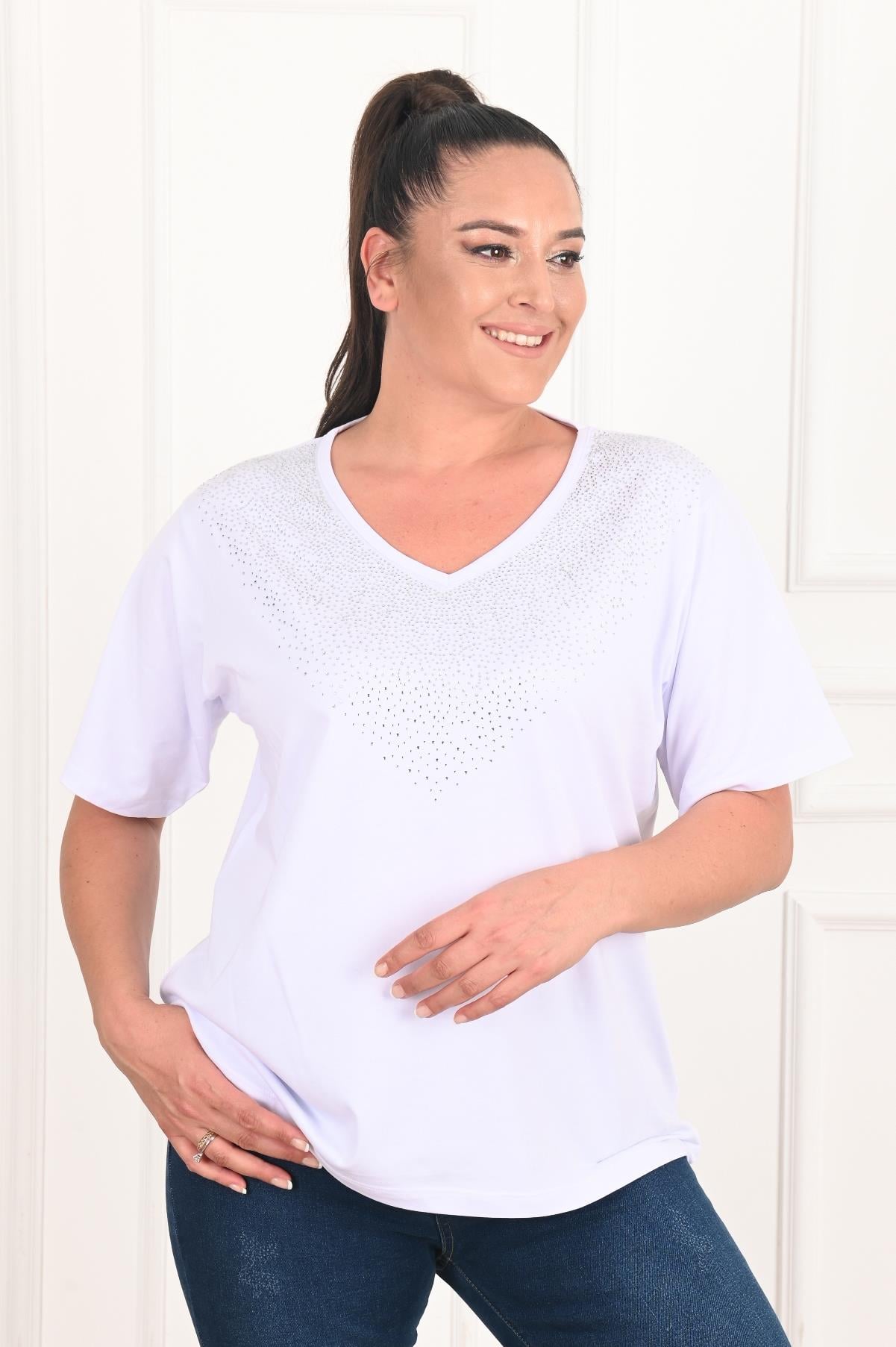 Kadın V Yaka Taş Baskılı Büyük Beden T-Shirt (1310)