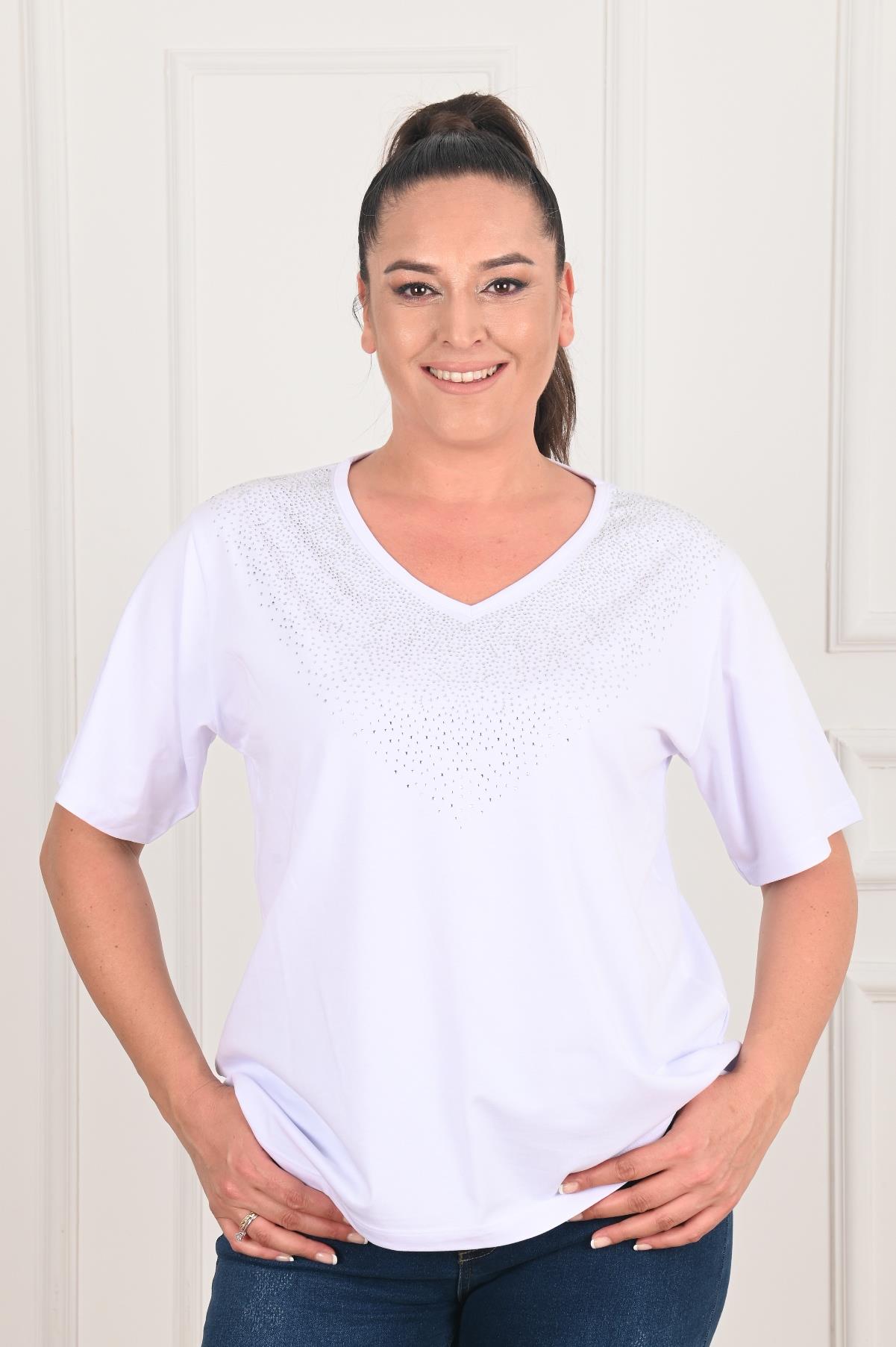 Kadın V Yaka Taş Baskılı Büyük Beden T-Shirt (1310)