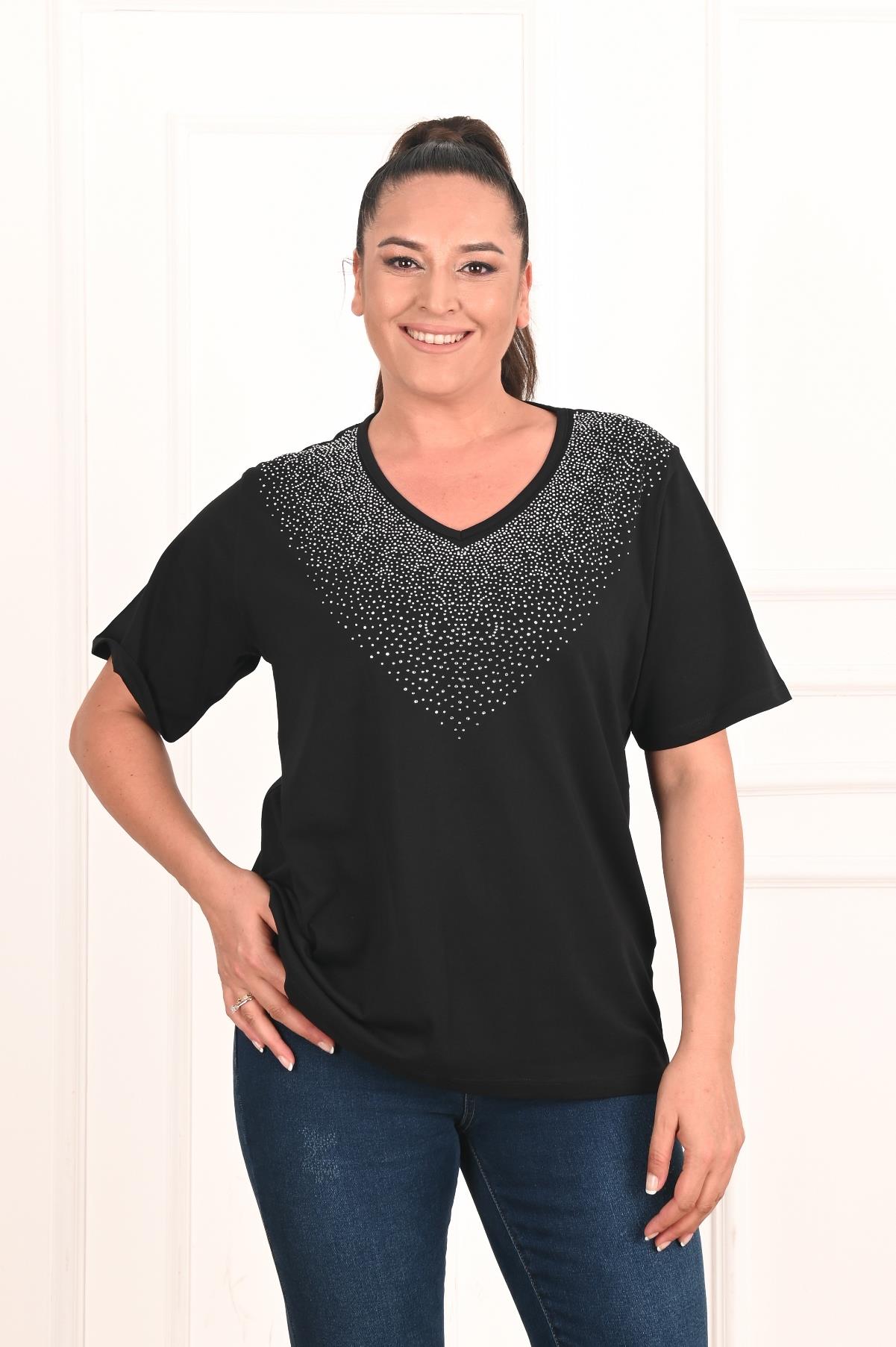 Kadın V Yaka Taş Baskılı Büyük Beden T-Shirt (1310)