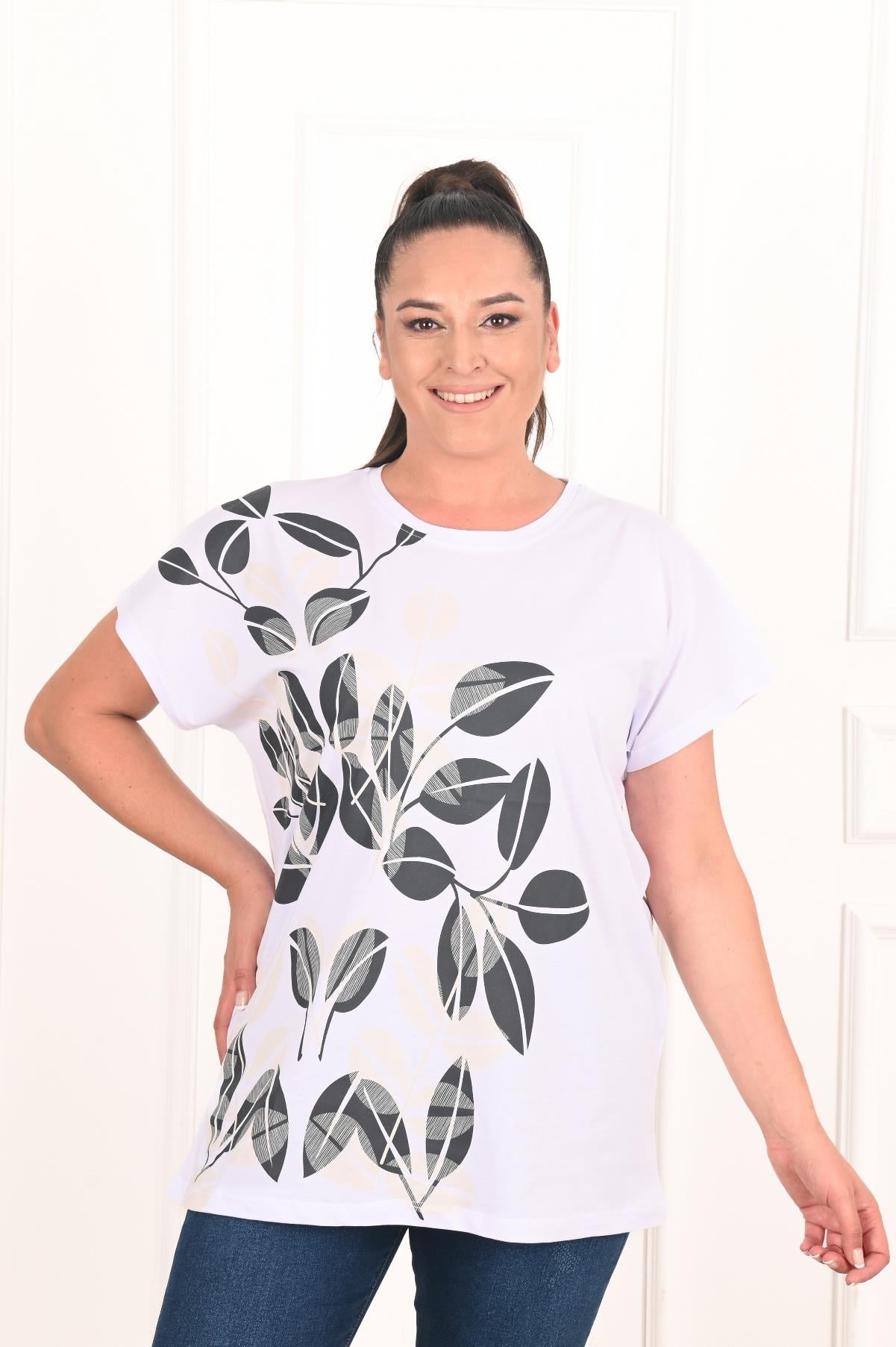 Kadın Yaprak Desenli Büyük Beden T-shirt 1308-22