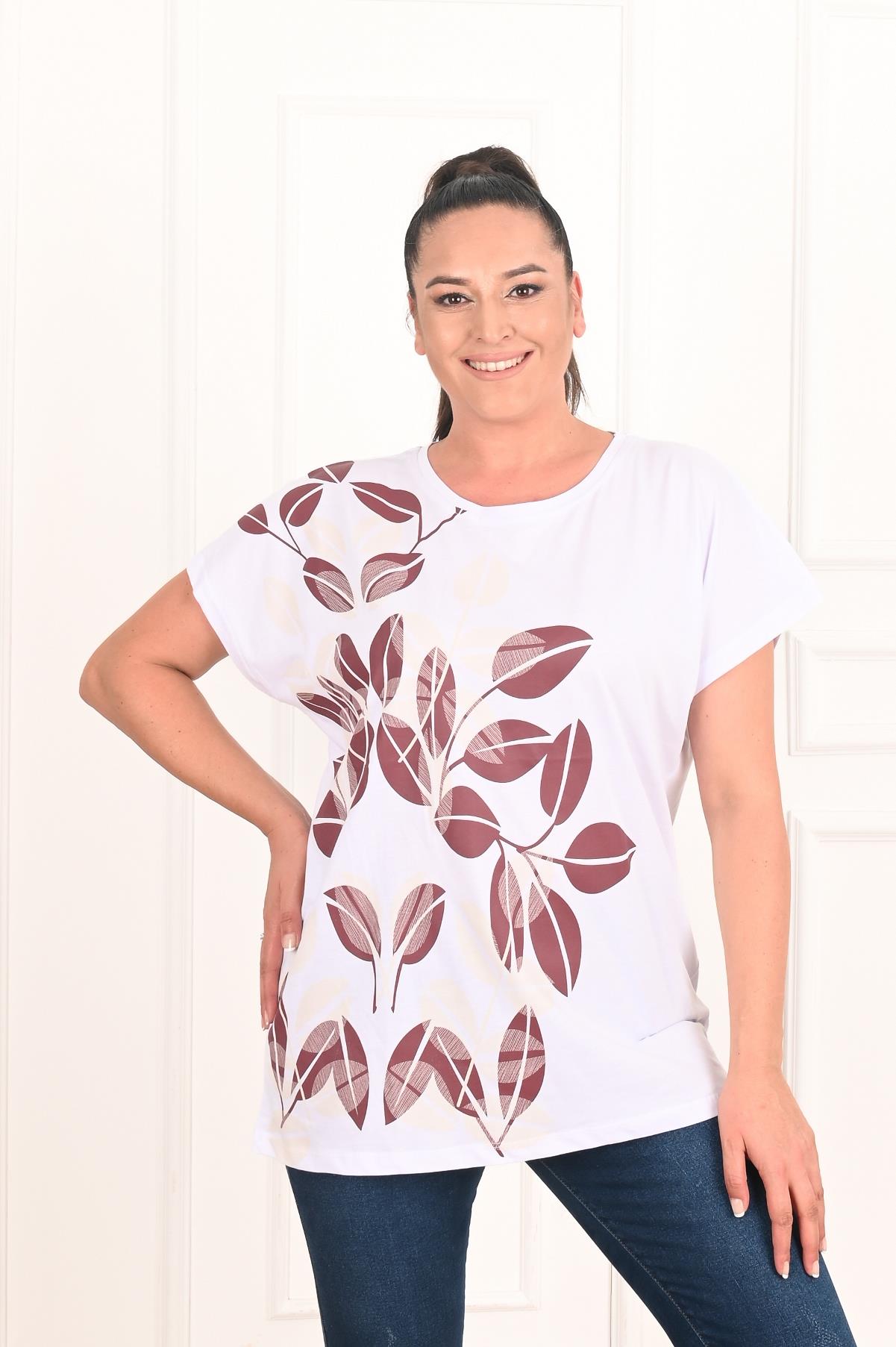 Kadın Yaprak Desenli Büyük Beden T-shirt 1308-22