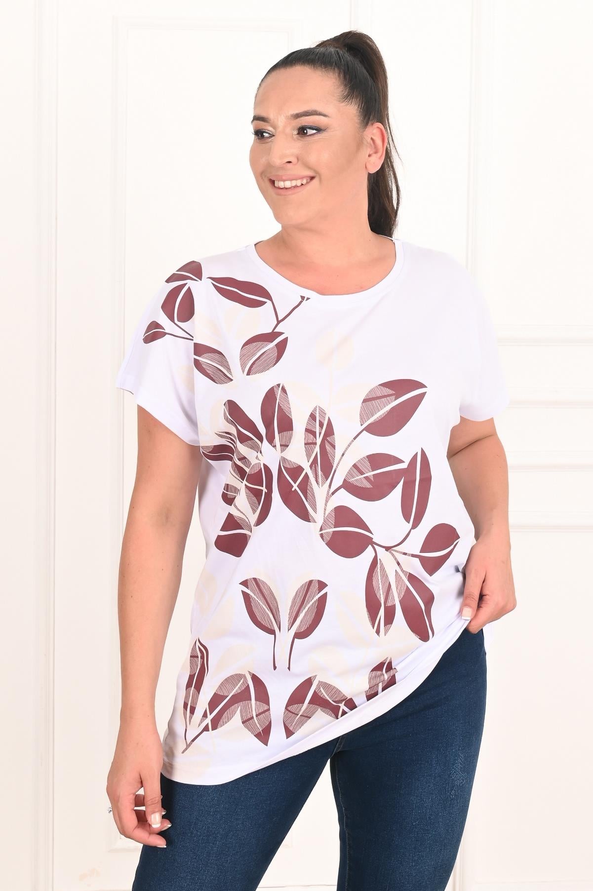 Kadın Yaprak Desenli Büyük Beden T-shirt 1308-22