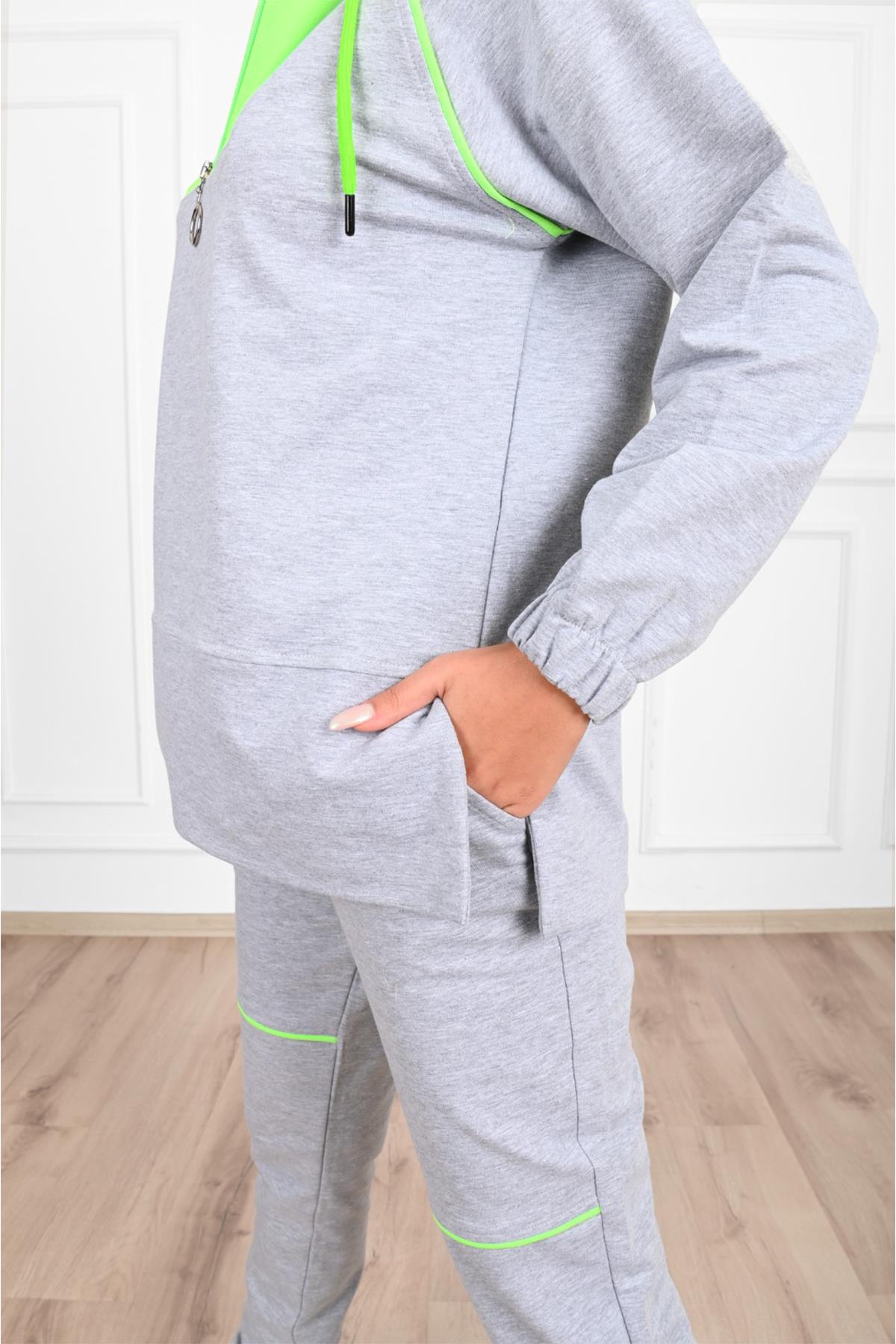 Kadın Yarım Fermuarlı Biye Detaylı Garnili Kapüşonlu Eşofman Takımı 3482-23