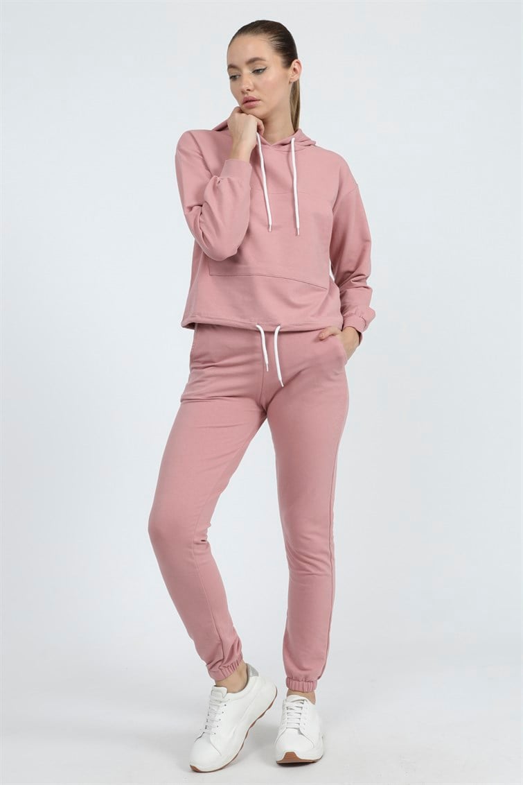 Kapşonlu Paçası Lastikli Kanguru Ceplı Uzun Kollu Eşofman Takımı Pembe