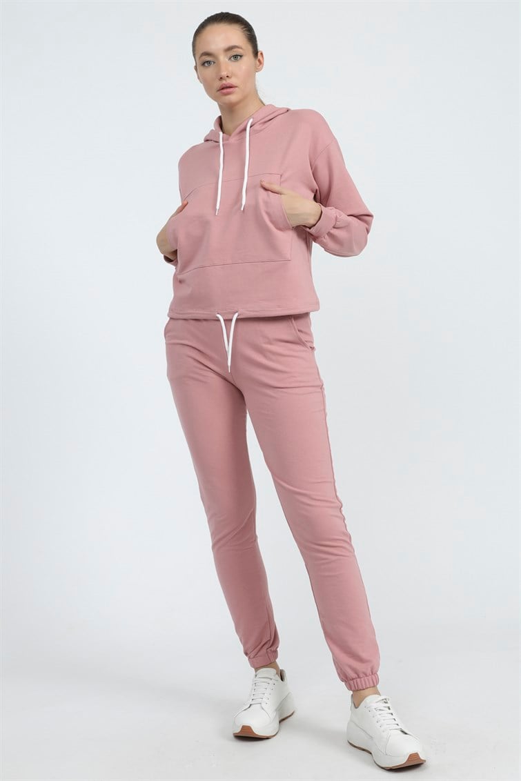 Kapşonlu Paçası Lastikli Kanguru Ceplı Uzun Kollu Eşofman Takımı Pembe