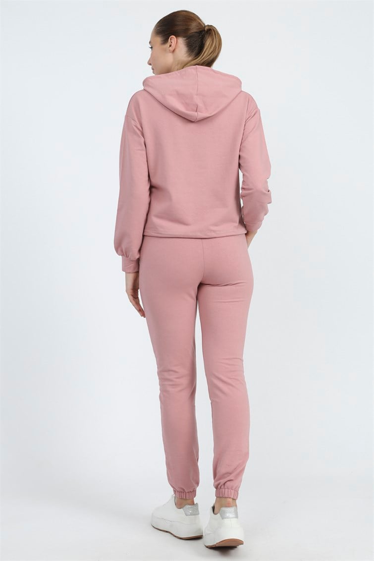 Kapşonlu Paçası Lastikli Kanguru Ceplı Uzun Kollu Eşofman Takımı Pembe