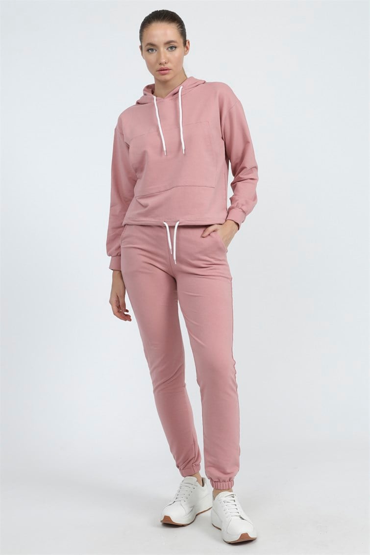 Kapşonlu Paçası Lastikli Kanguru Ceplı Uzun Kollu Eşofman Takımı Pembe