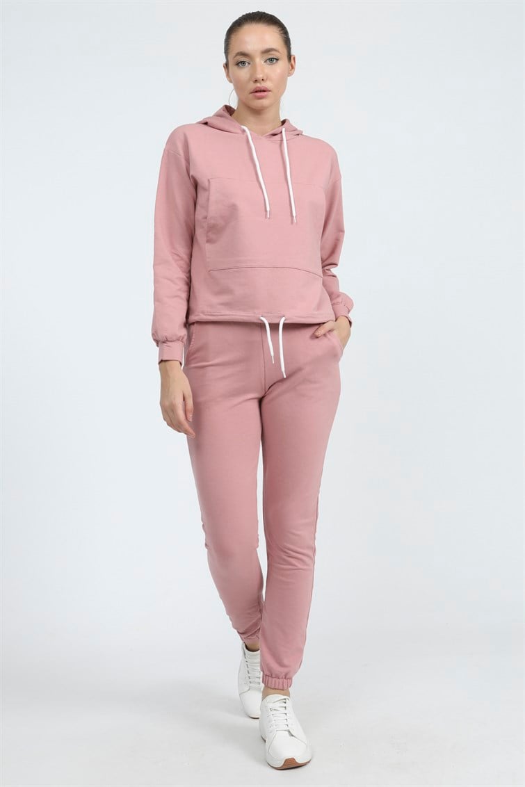 Kapşonlu Paçası Lastikli Kanguru Ceplı Uzun Kollu Eşofman Takımı Pembe