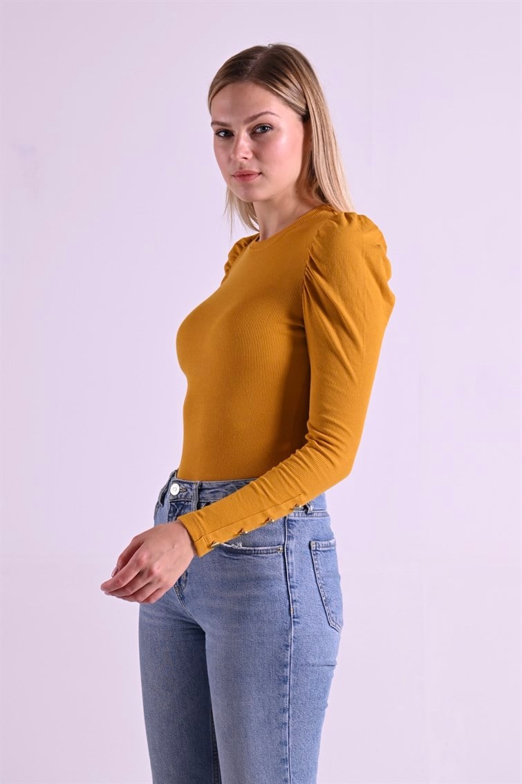 Kaşkorse Kolu Düğme Detaylı Omuzu Balon Hardal Body