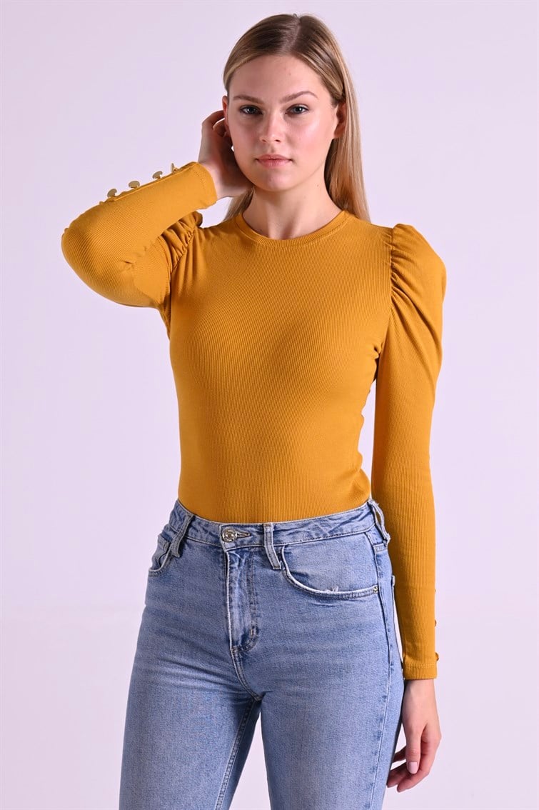 Kaşkorse Kolu Düğme Detaylı Omuzu Balon Hardal Body