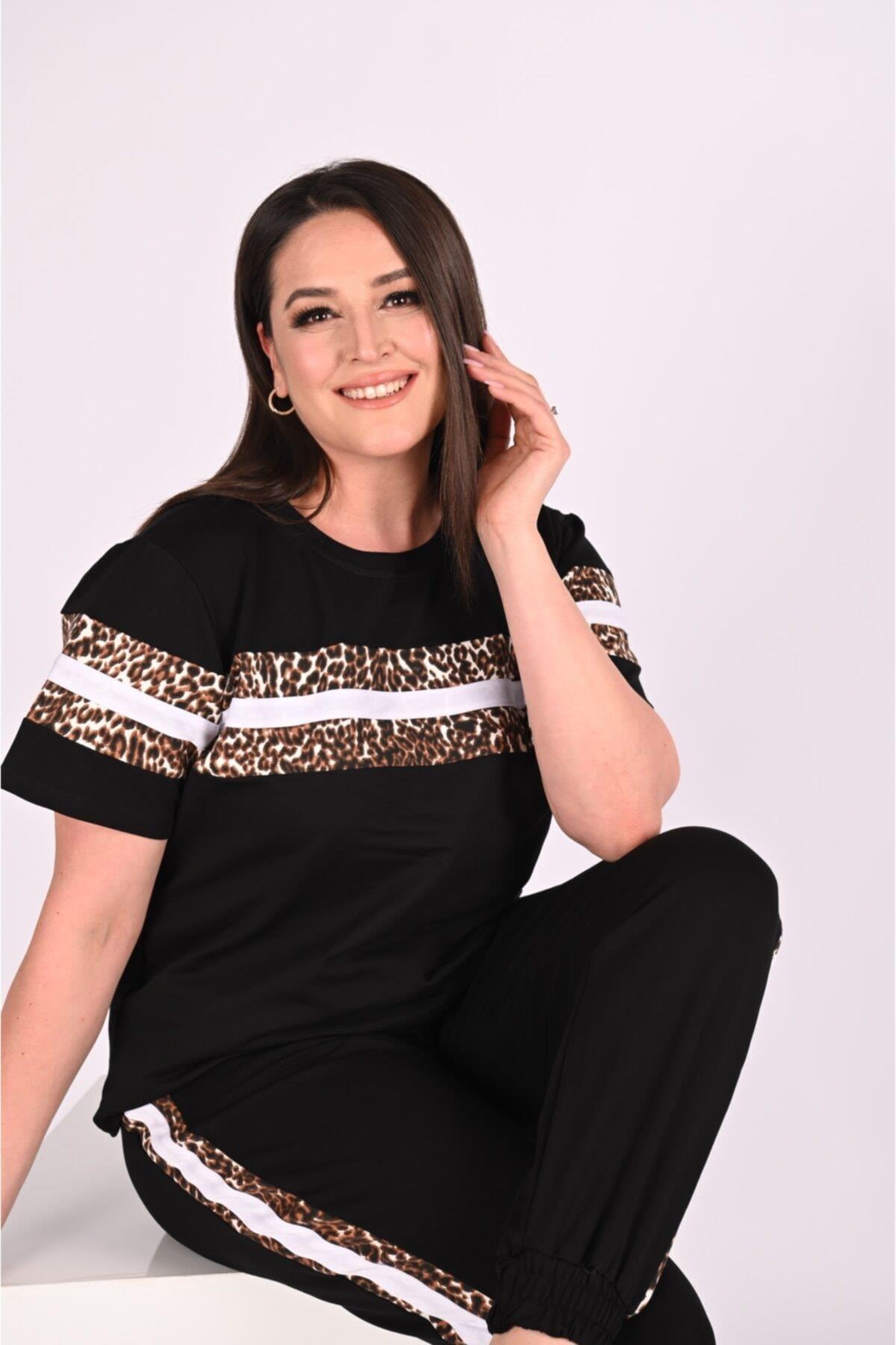 Kısa Kollu Leoparlı Büyük Beden Eşofman Takımı 9560